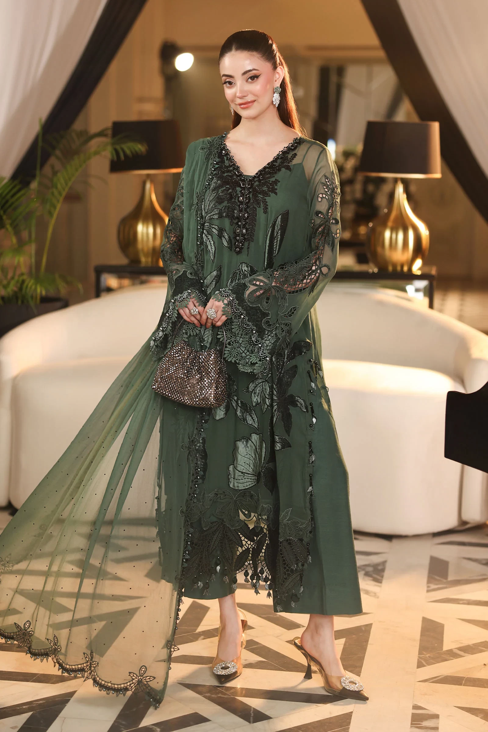 3 Piece Embroidered Chiffon Suit - MPC-26-207-Pine Green