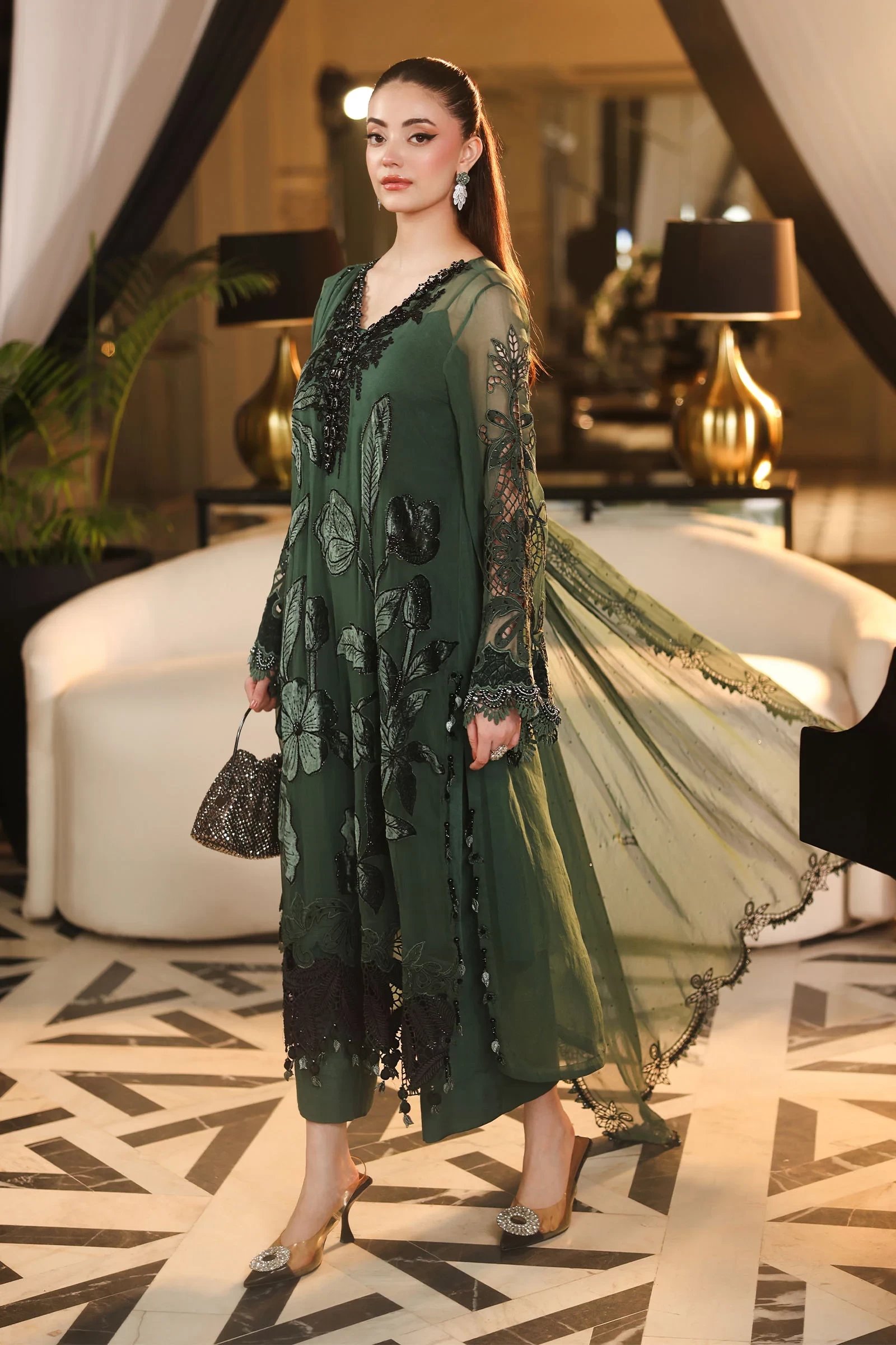 3 Piece Embroidered Chiffon Suit - MPC-26-207-Pine Green