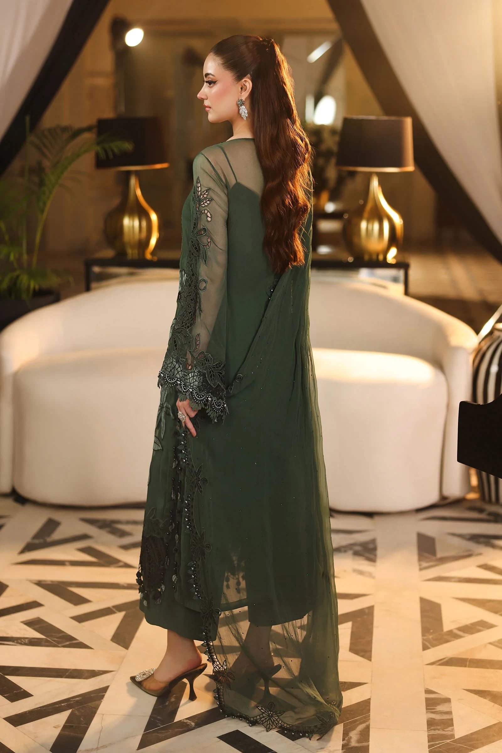 3 Piece Embroidered Chiffon Suit - MPC-26-207-Pine Green