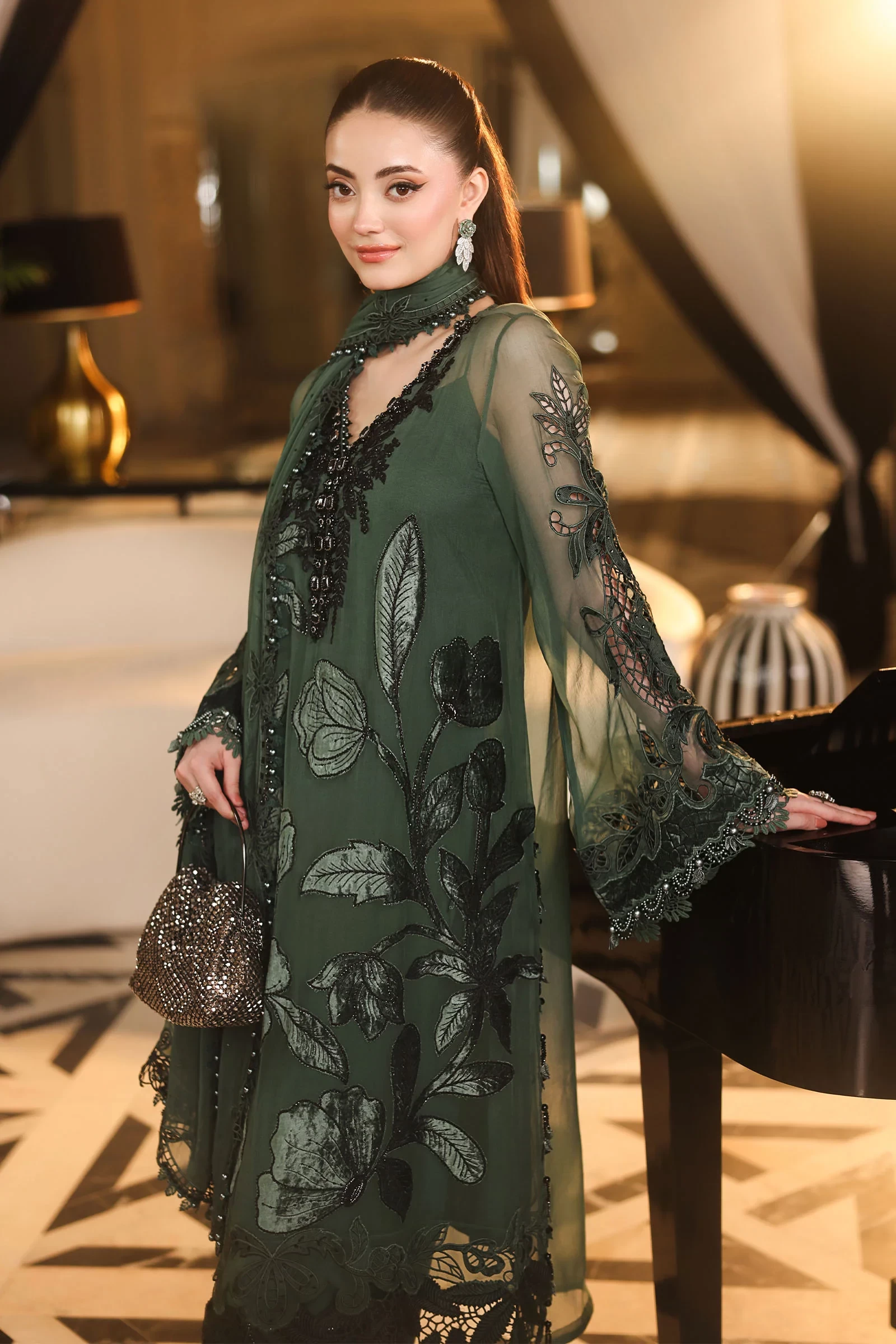 3 Piece Embroidered Chiffon Suit - MPC-26-207-Pine Green