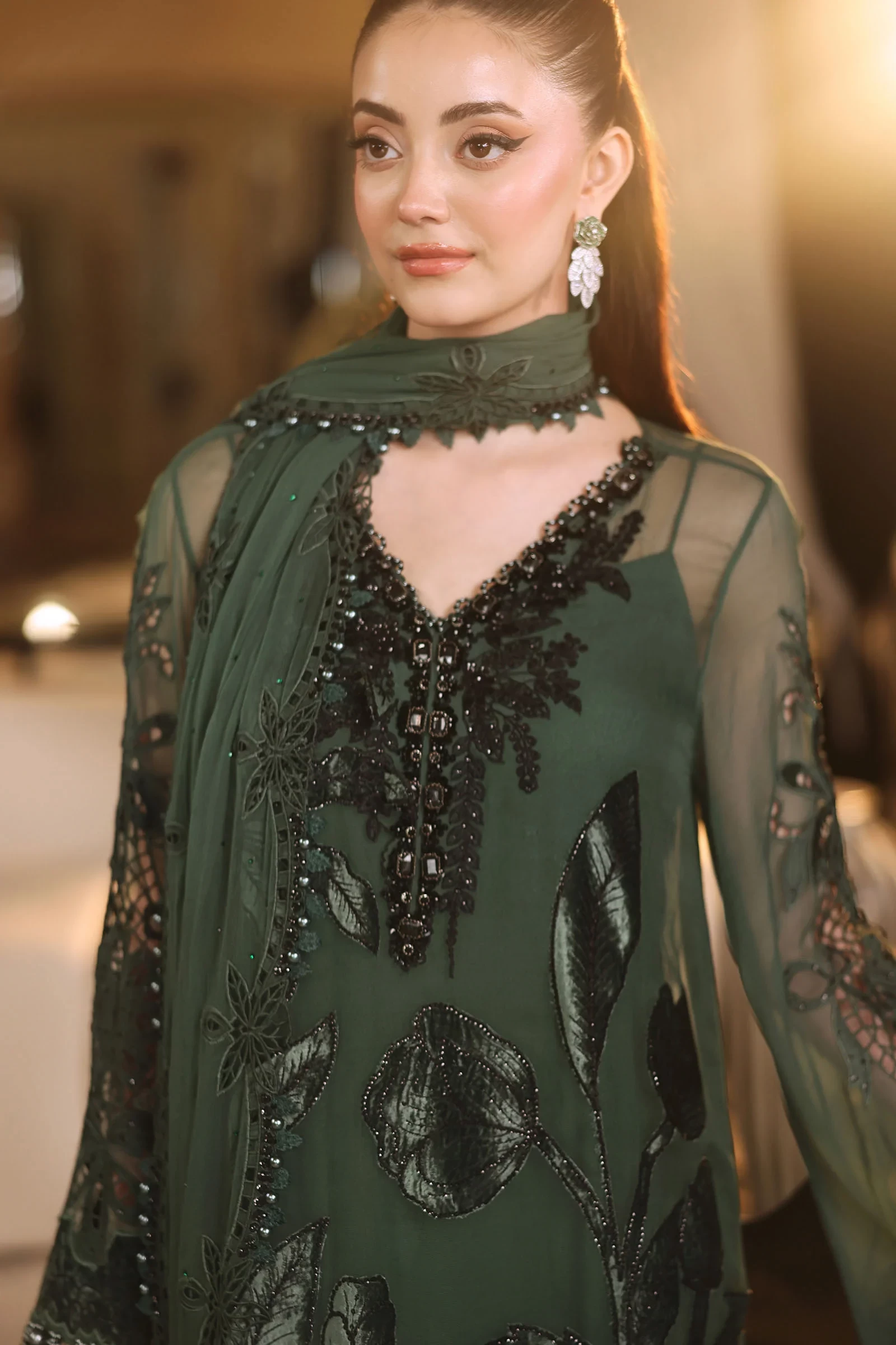 3 Piece Embroidered Chiffon Suit - MPC-26-207-Pine Green