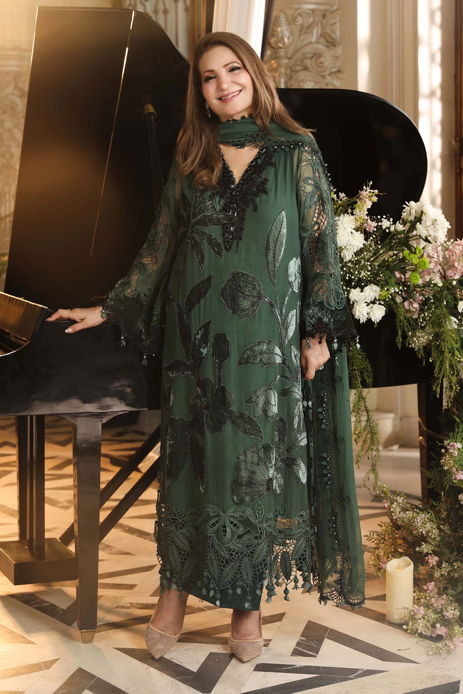 3 Piece Embroidered Chiffon Suit - MPC-26-207-Pine Green