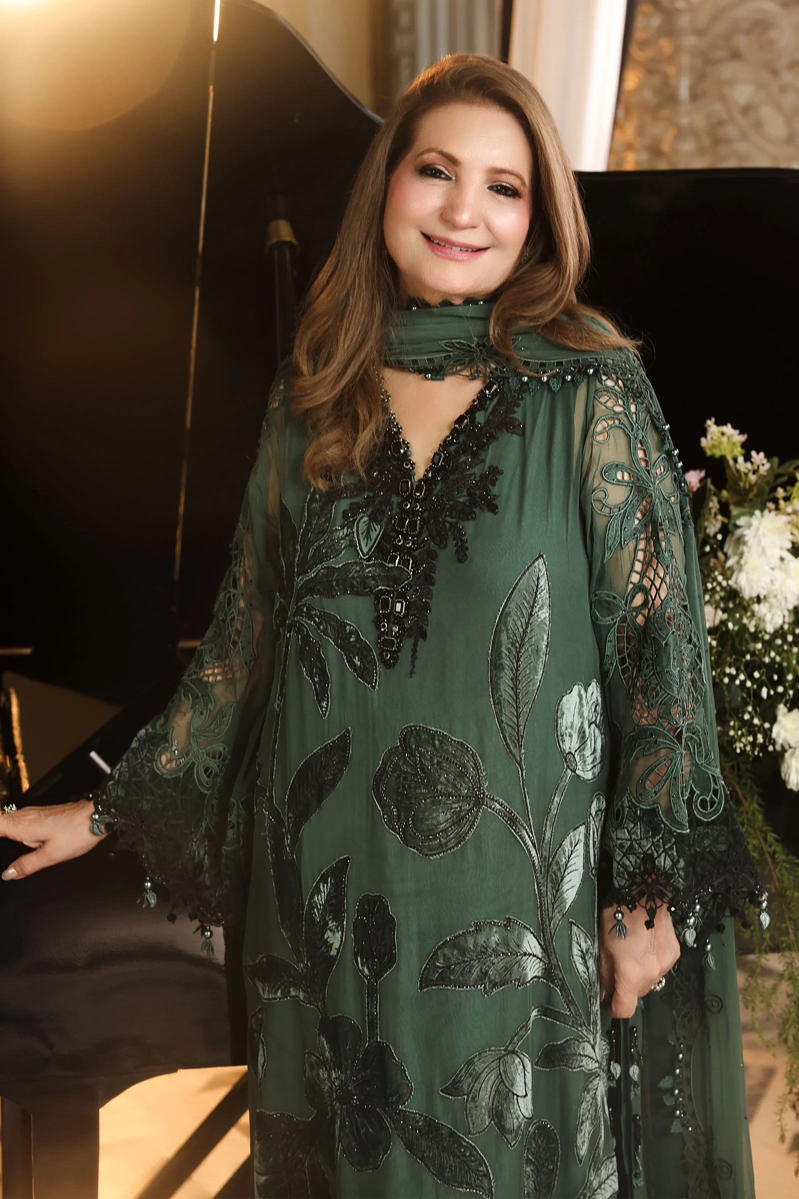 3 Piece Embroidered Chiffon Suit - MPC-26-207-Pine Green