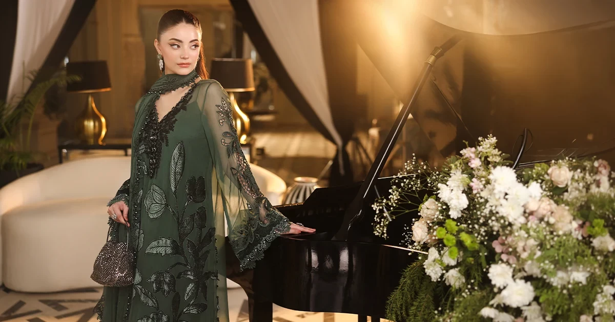 3 Piece Embroidered Chiffon Suit - MPC-26-207-Pine Green