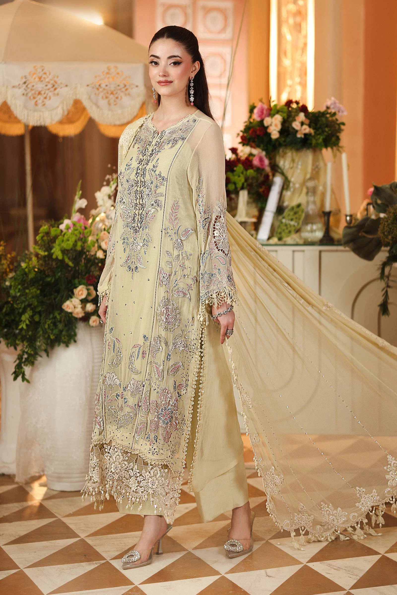3 Piece Embroidered Chiffon Suit - MPC-26-208-Pastle Sunshine
