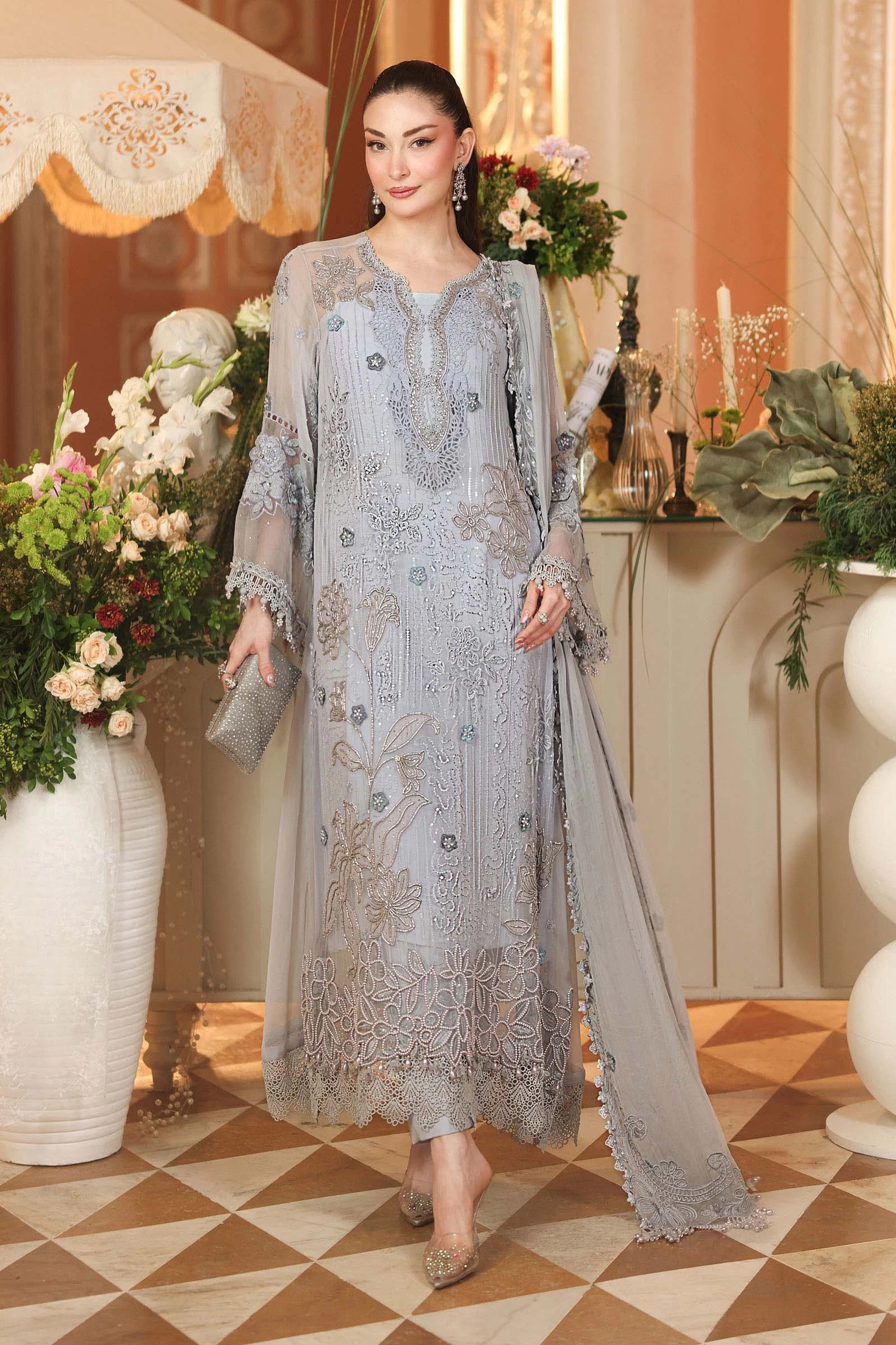 3 Piece Embroidered Chiffon Suit - MPC-26-206-Muted Blue