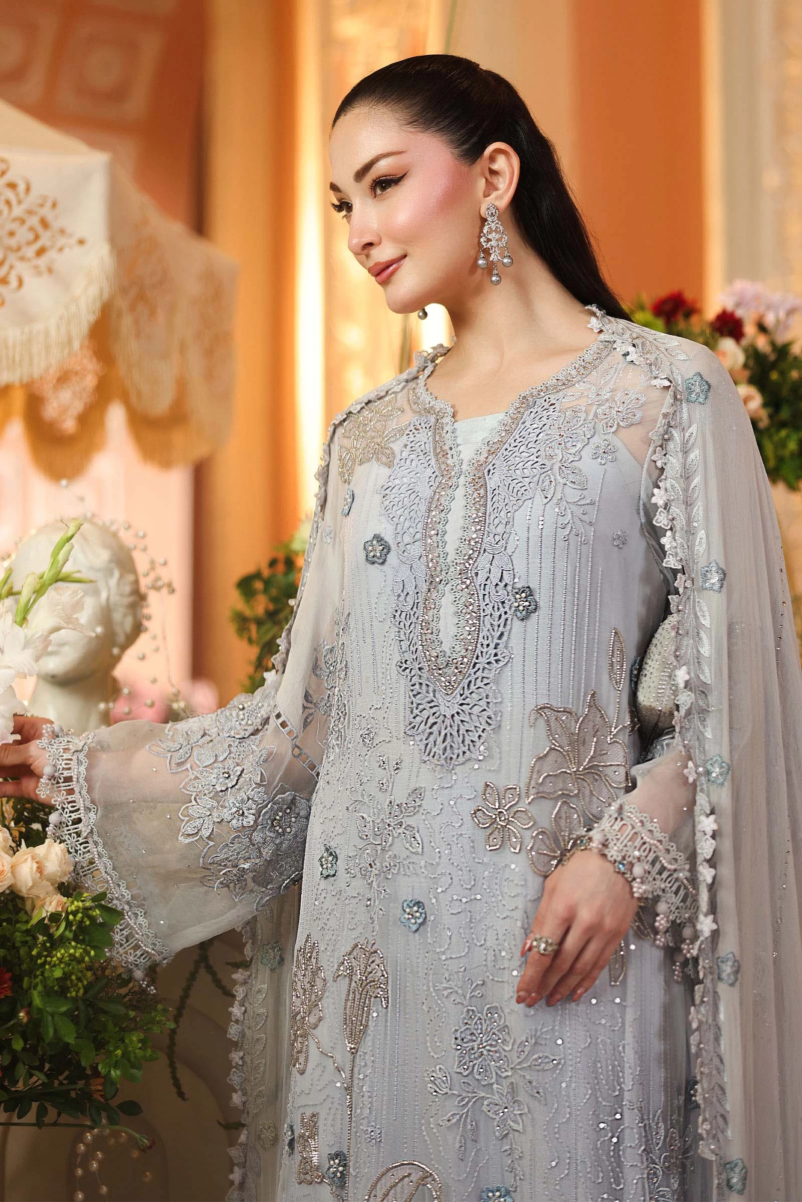 3 Piece Embroidered Chiffon Suit - MPC-26-206-Muted Blue