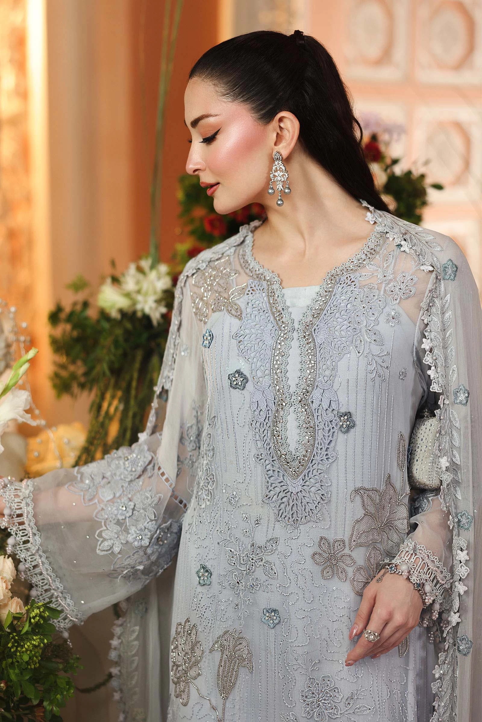 3 Piece Embroidered Chiffon Suit - MPC-26-206-Muted Blue