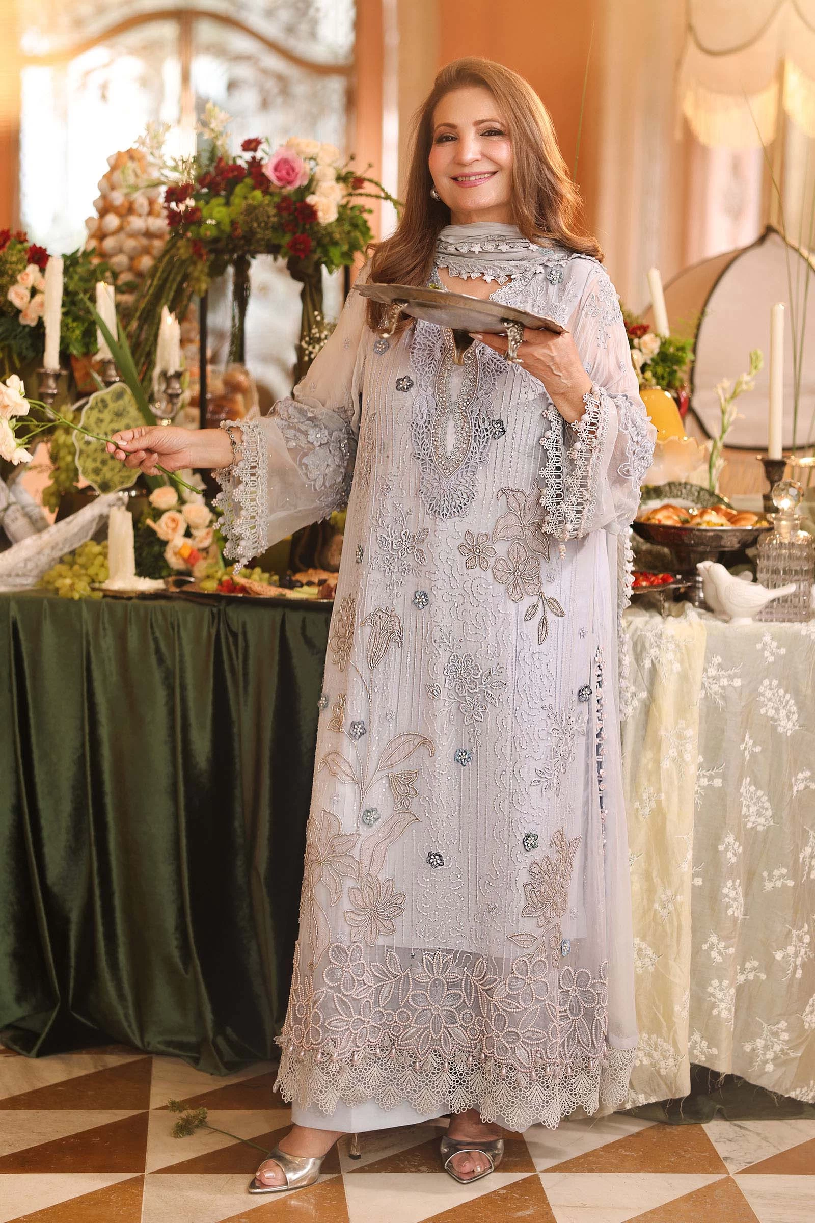 3 Piece Embroidered Chiffon Suit - MPC-26-206-Muted Blue
