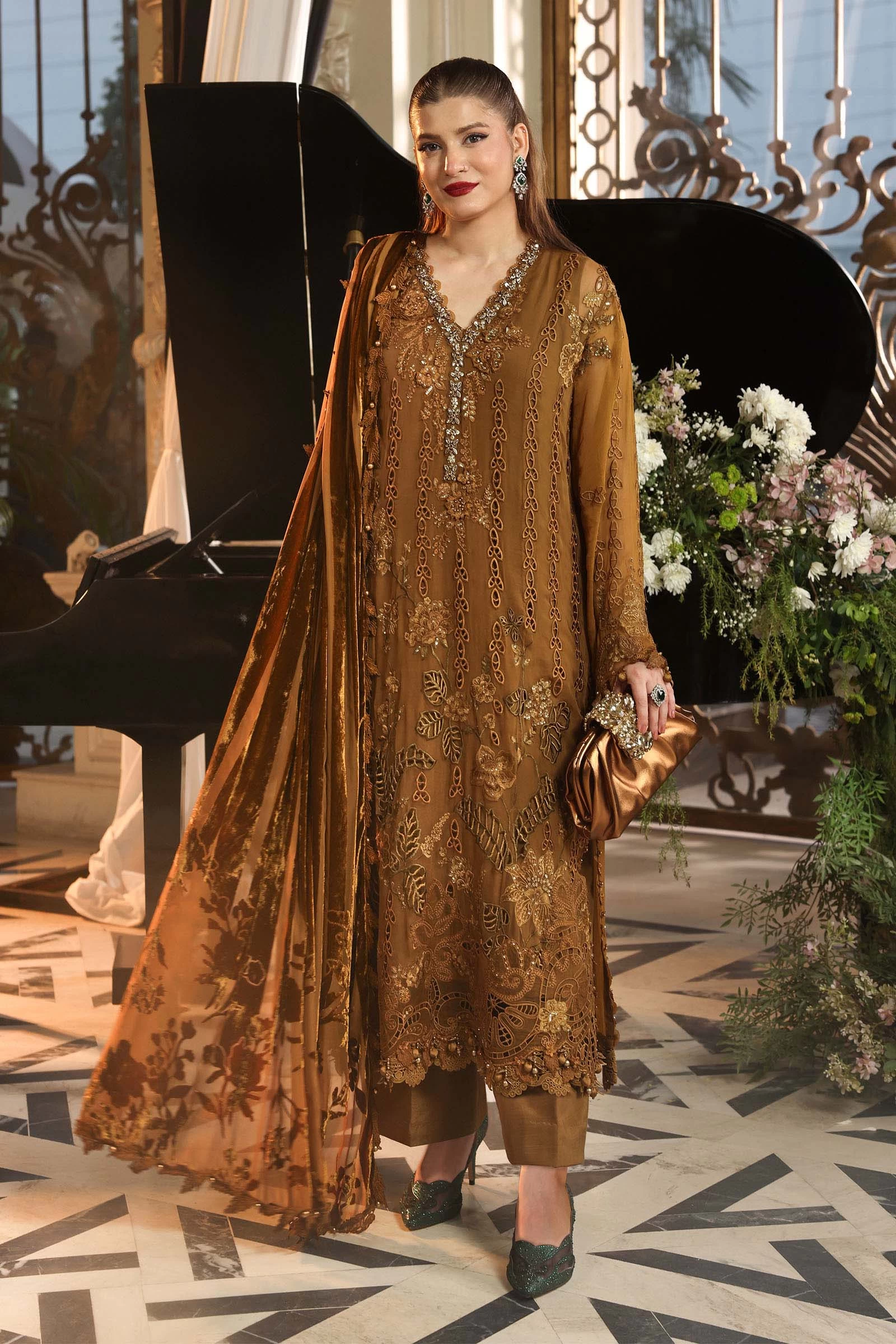 3 Piece Embroidered Chiffon Suit - MPC-26-205-Mustard