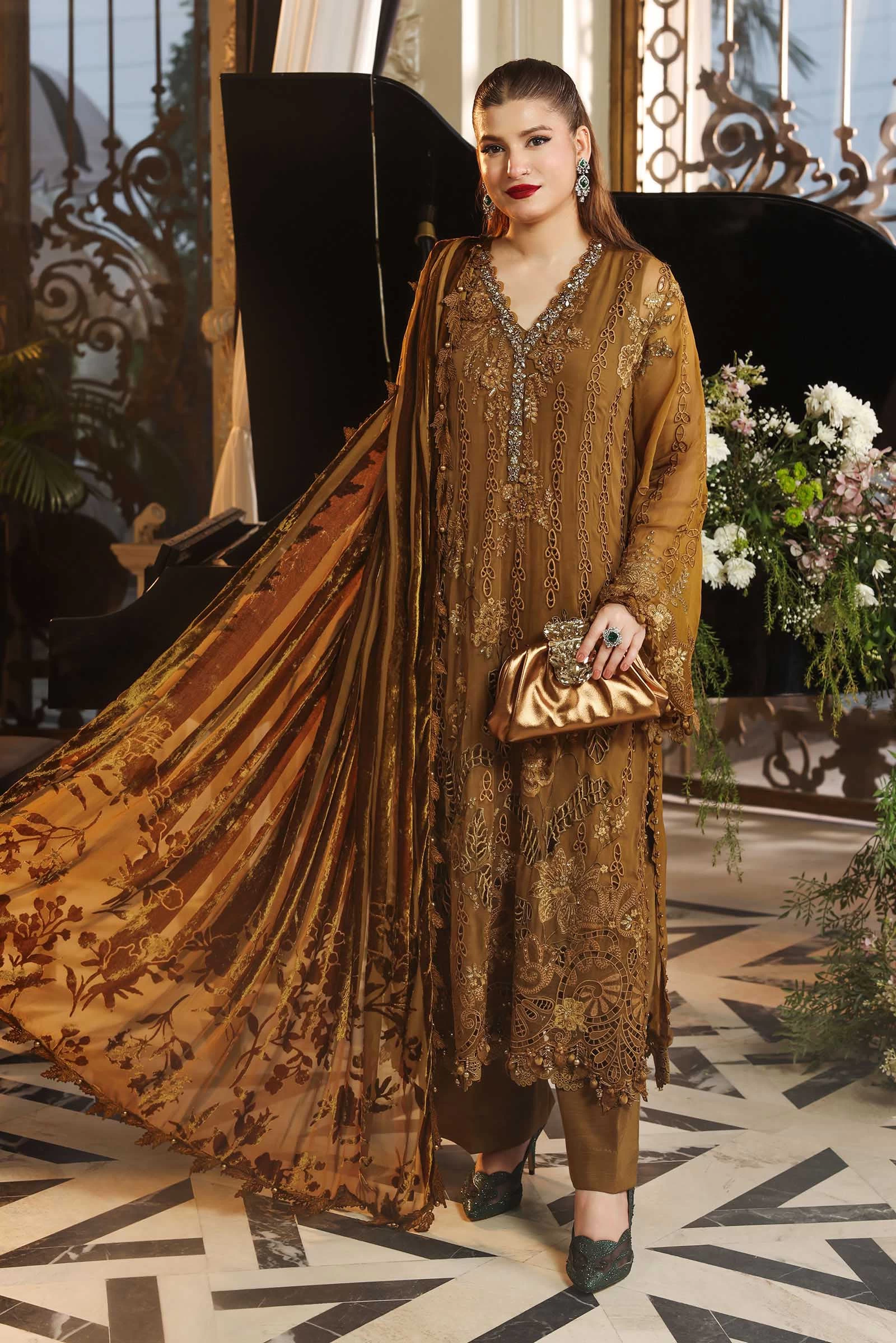 3 Piece Embroidered Chiffon Suit - MPC-26-205-Mustard