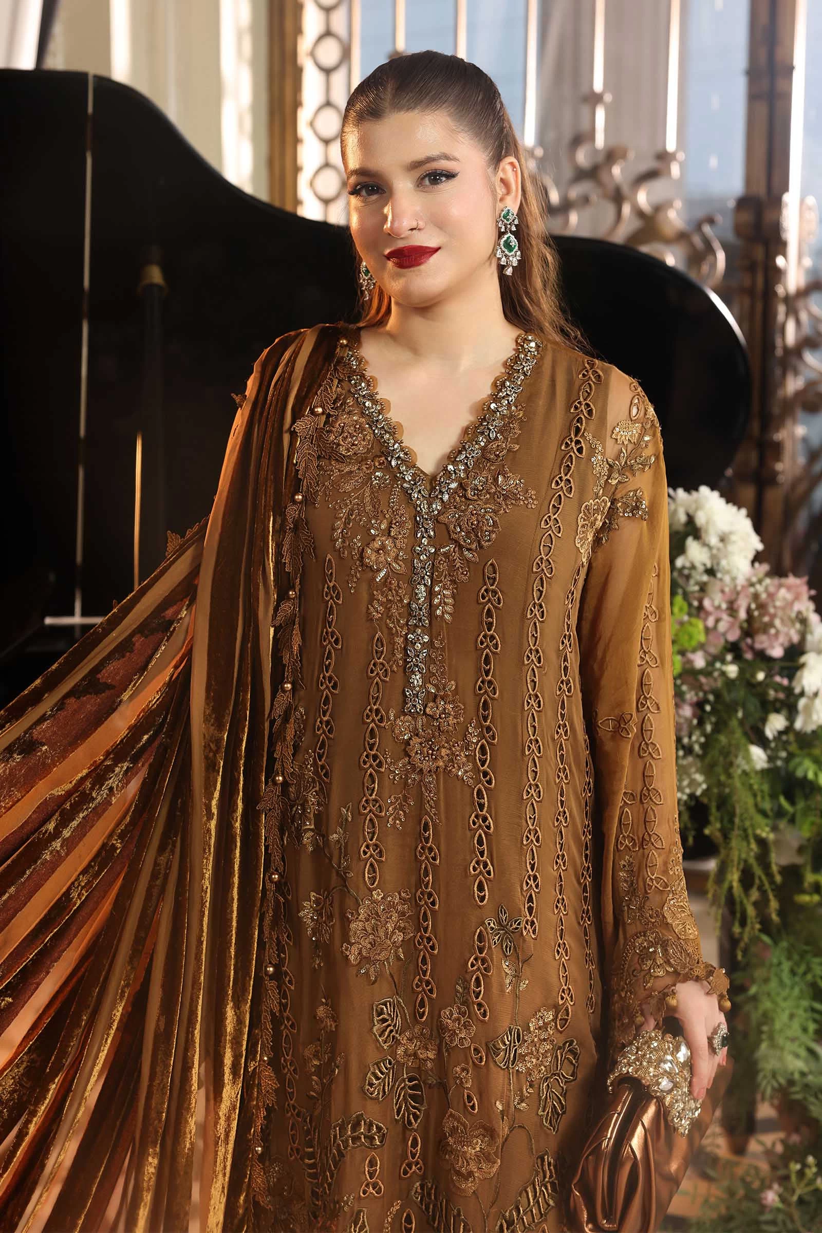 3 Piece Embroidered Chiffon Suit - MPC-26-205-Mustard