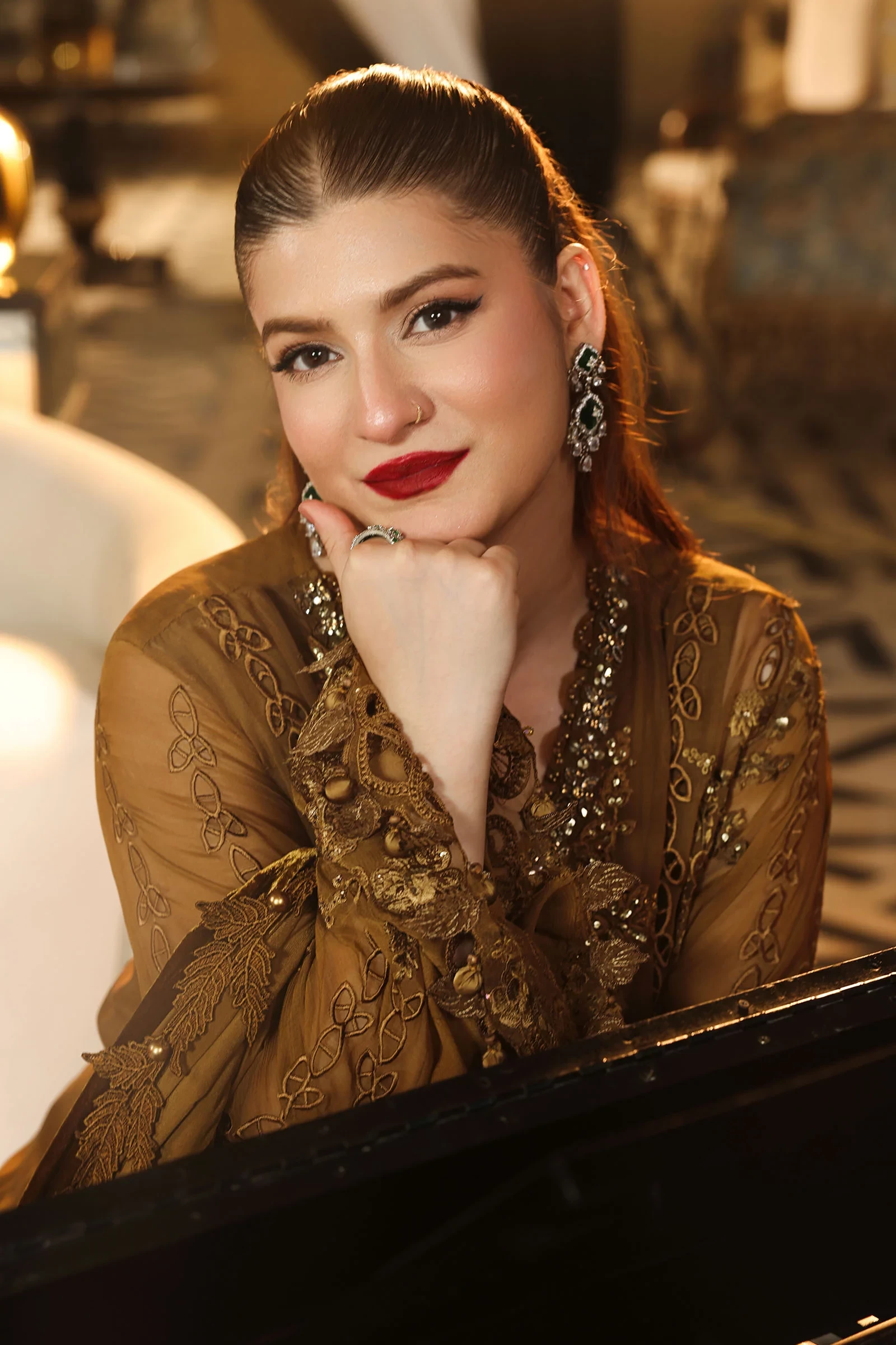 3 Piece Embroidered Chiffon Suit - MPC-26-205-Mustard