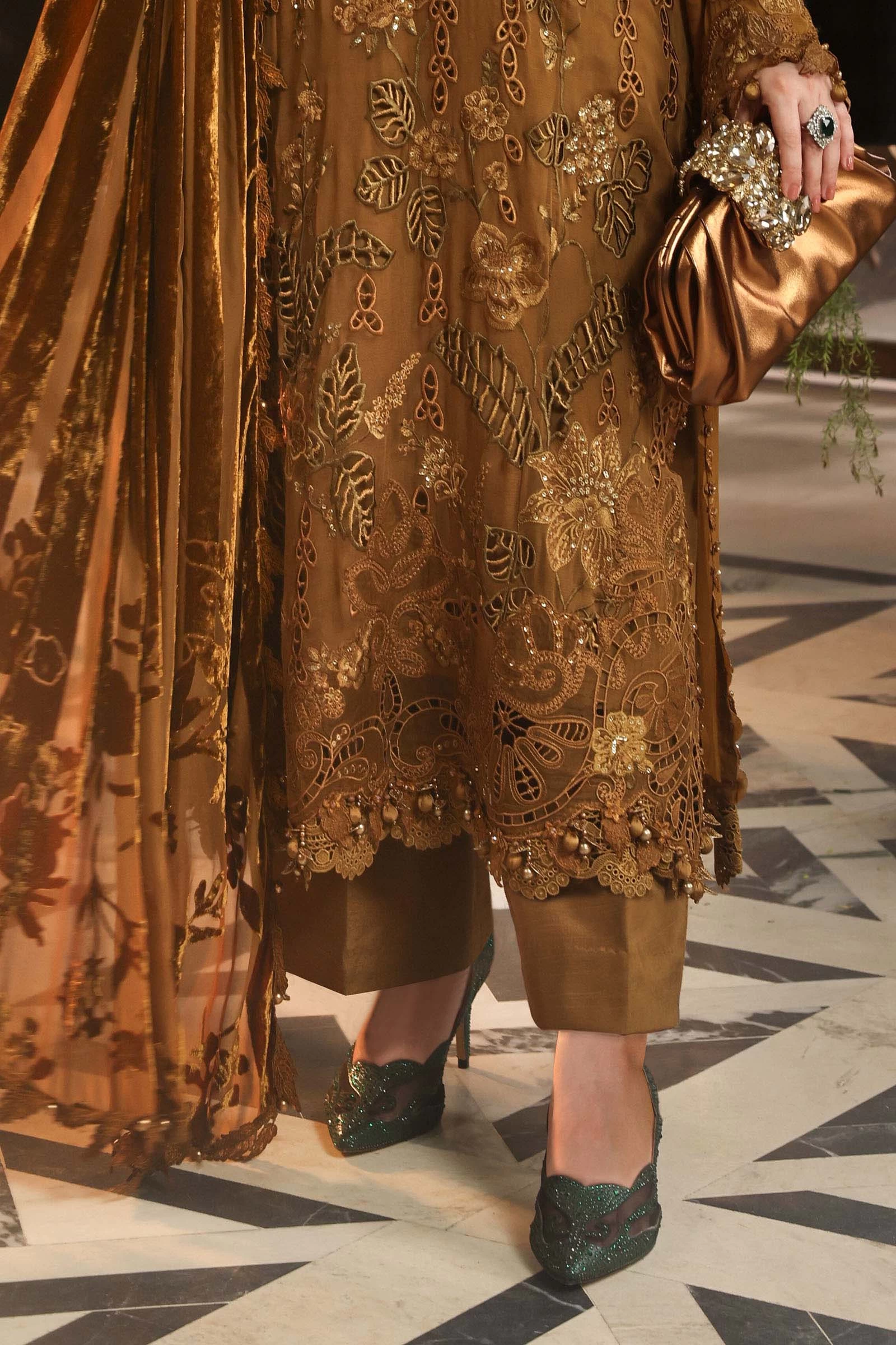 3 Piece Embroidered Chiffon Suit - MPC-26-205-Mustard