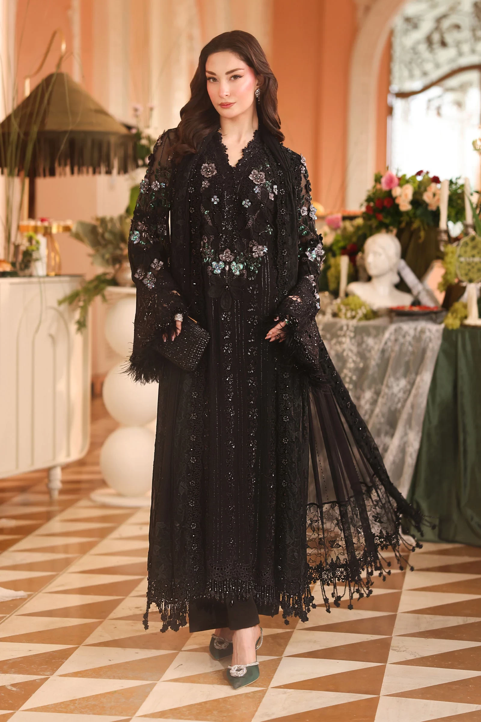 3 Piece Embroidered Chiffon Suit - MPC-26-204-Black