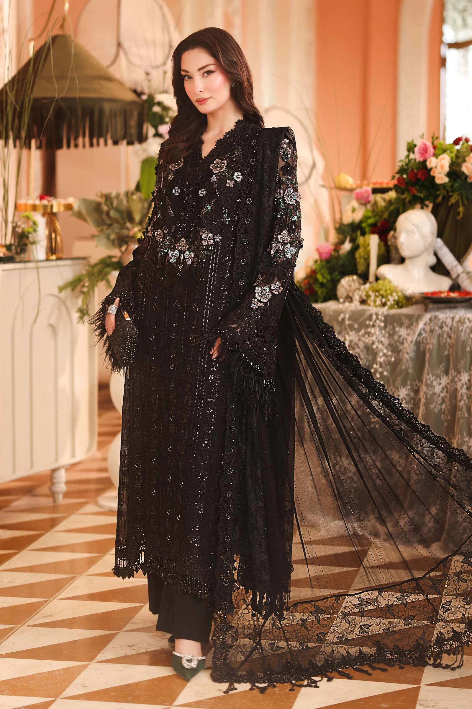 3 Piece Embroidered Chiffon Suit - MPC-26-204-Black
