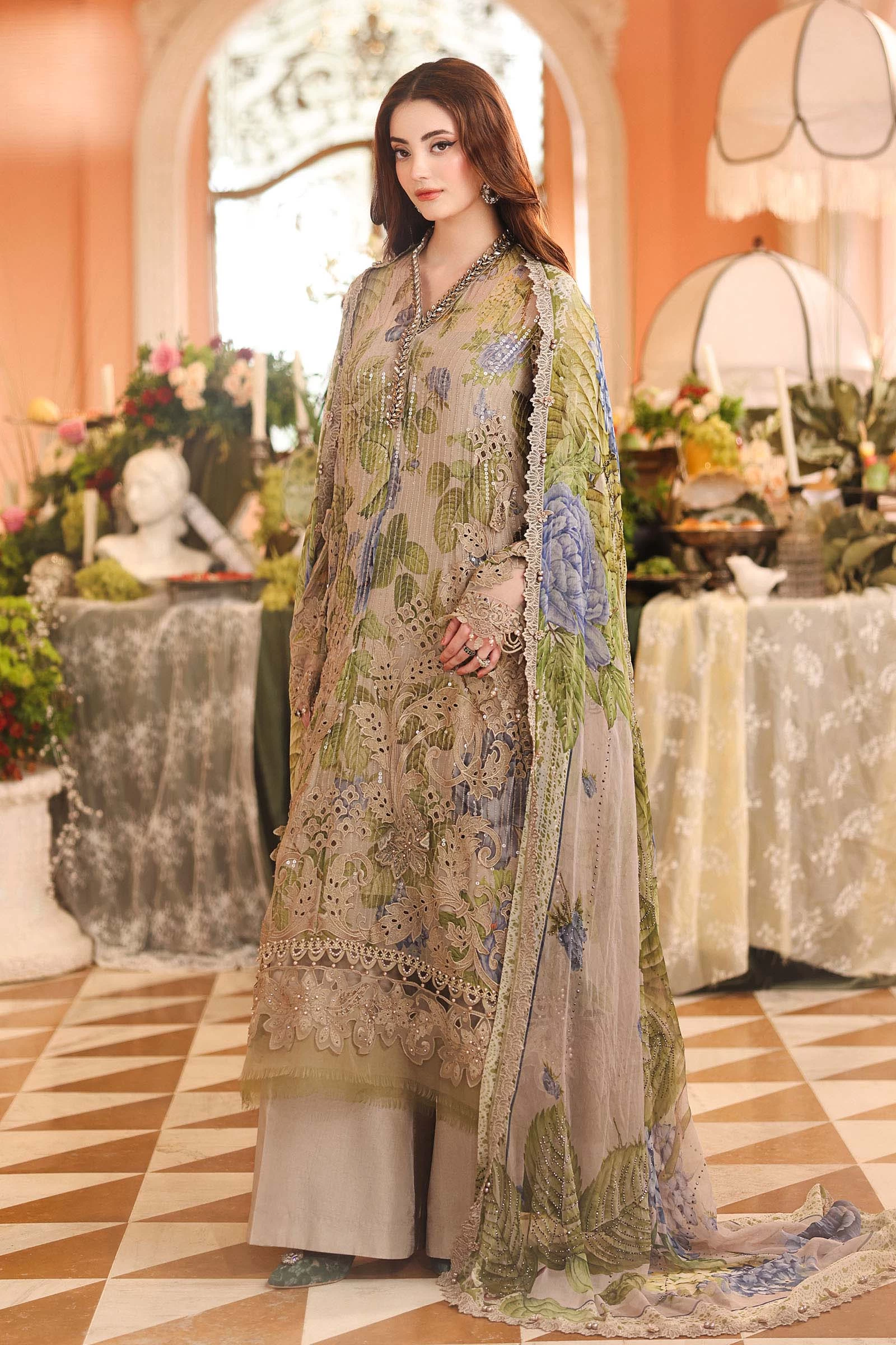 3 Piece Embroidered Chiffon Suit - MPC-26-203-Warm Beige