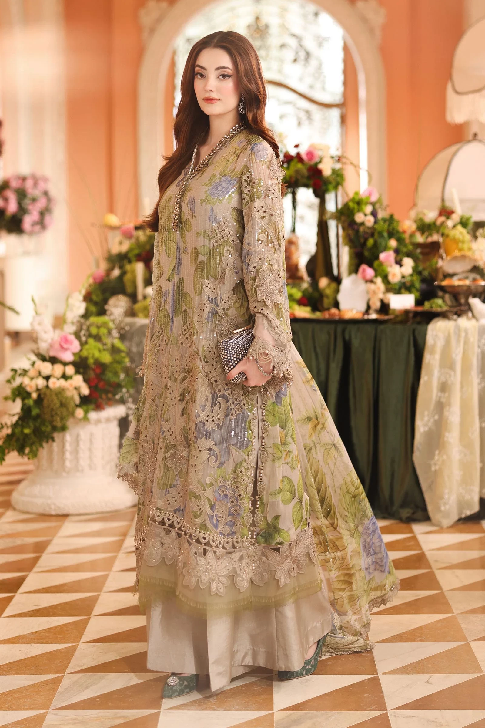3 Piece Embroidered Chiffon Suit - MPC-26-203-Warm Beige