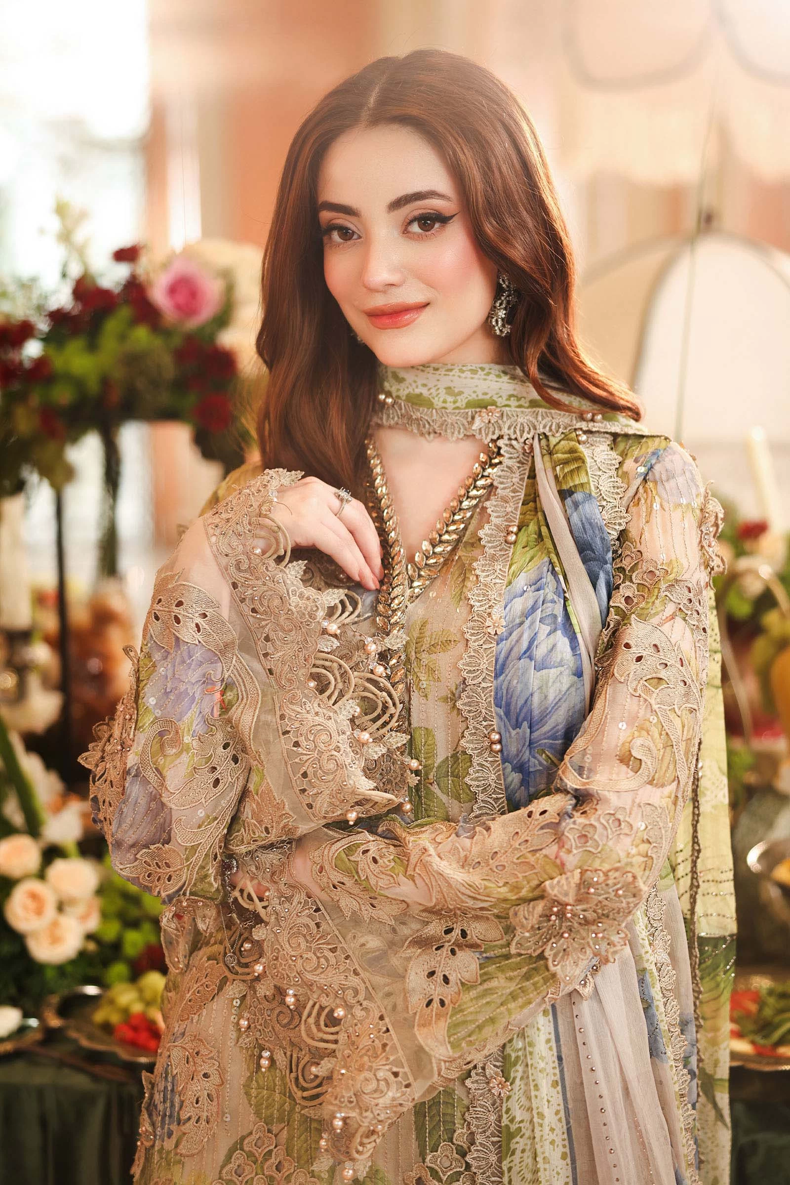 3 Piece Embroidered Chiffon Suit - MPC-26-203-Warm Beige