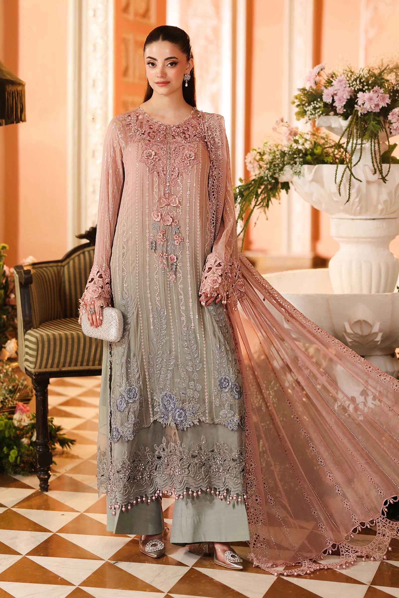 3 Piece Embroidered Chiffon Suit - MPC-26-202-Ombre Blossom