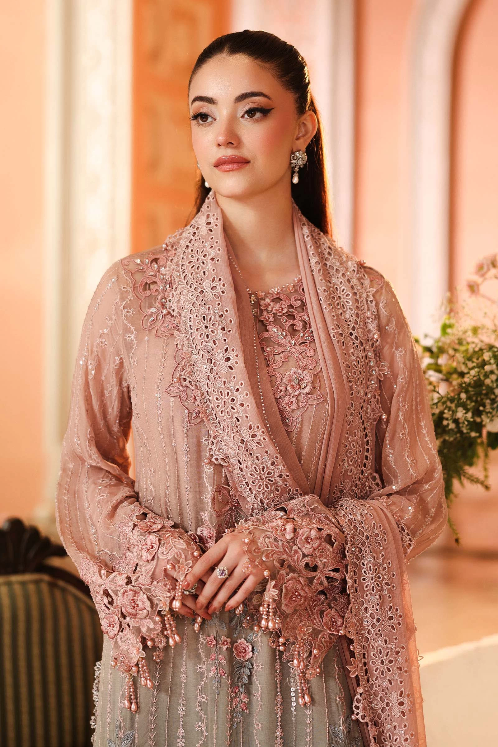 3 Piece Embroidered Chiffon Suit - MPC-26-202-Ombre Blossom