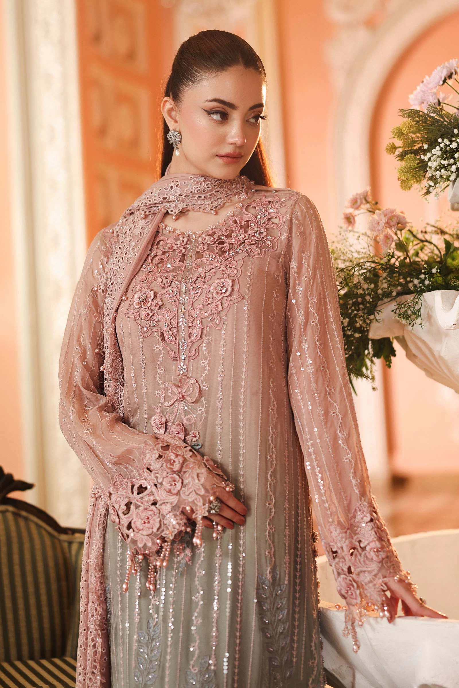 3 Piece Embroidered Chiffon Suit - MPC-26-202-Ombre Blossom
