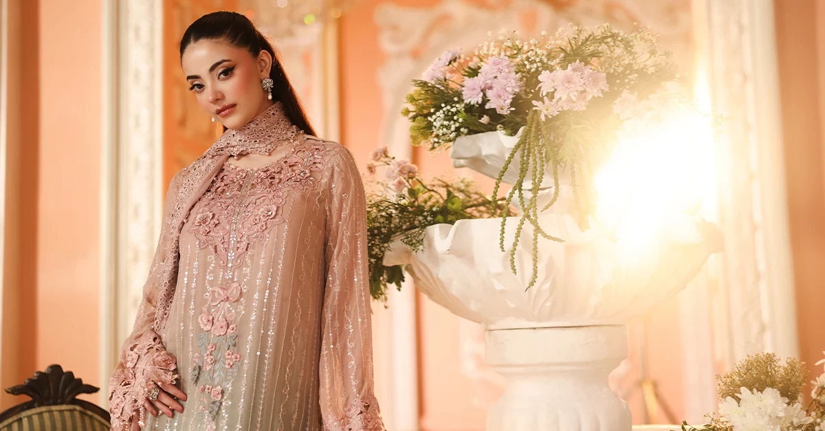 3 Piece Embroidered Chiffon Suit - MPC-26-202-Ombre Blossom