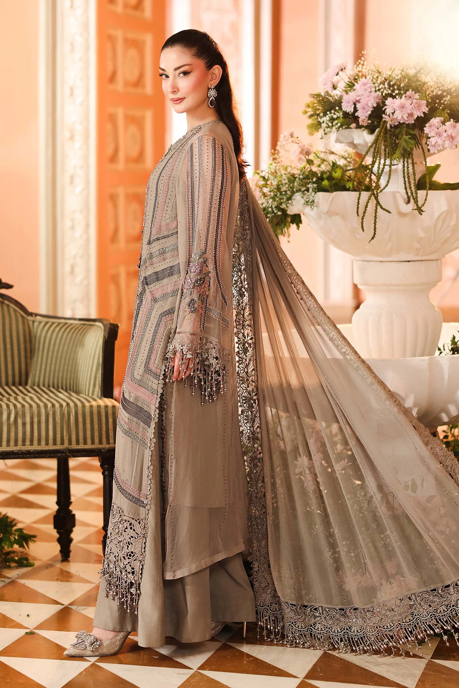 3 Piece Embroidered Chiffon Suit - MPC-26-201-Antique Grey