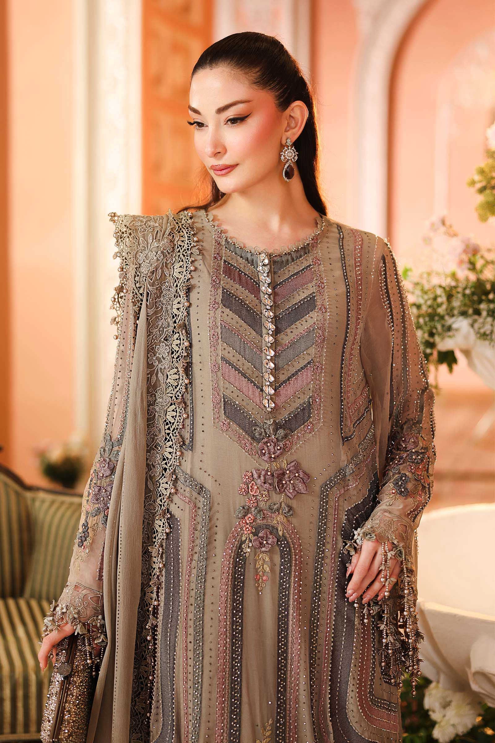 3 Piece Embroidered Chiffon Suit - MPC-26-201-Antique Grey