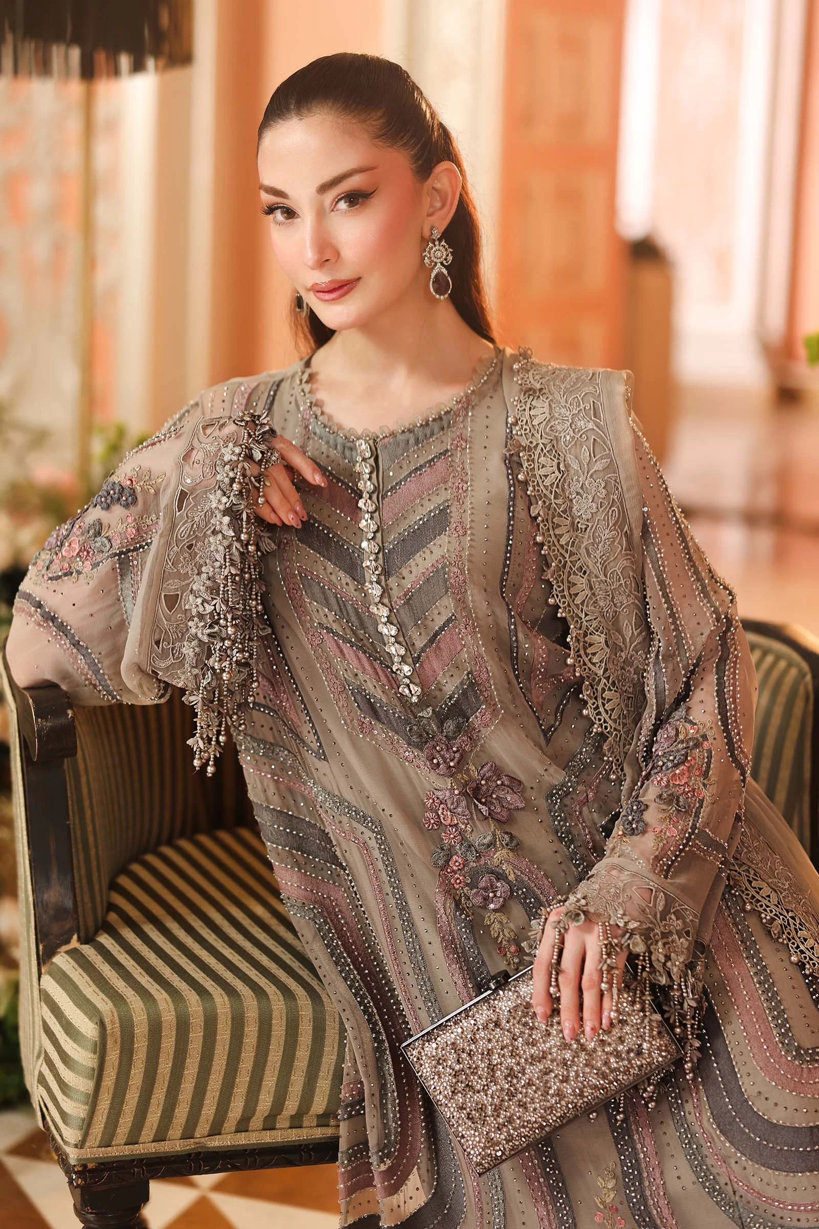 3 Piece Embroidered Chiffon Suit - MPC-26-201-Antique Grey