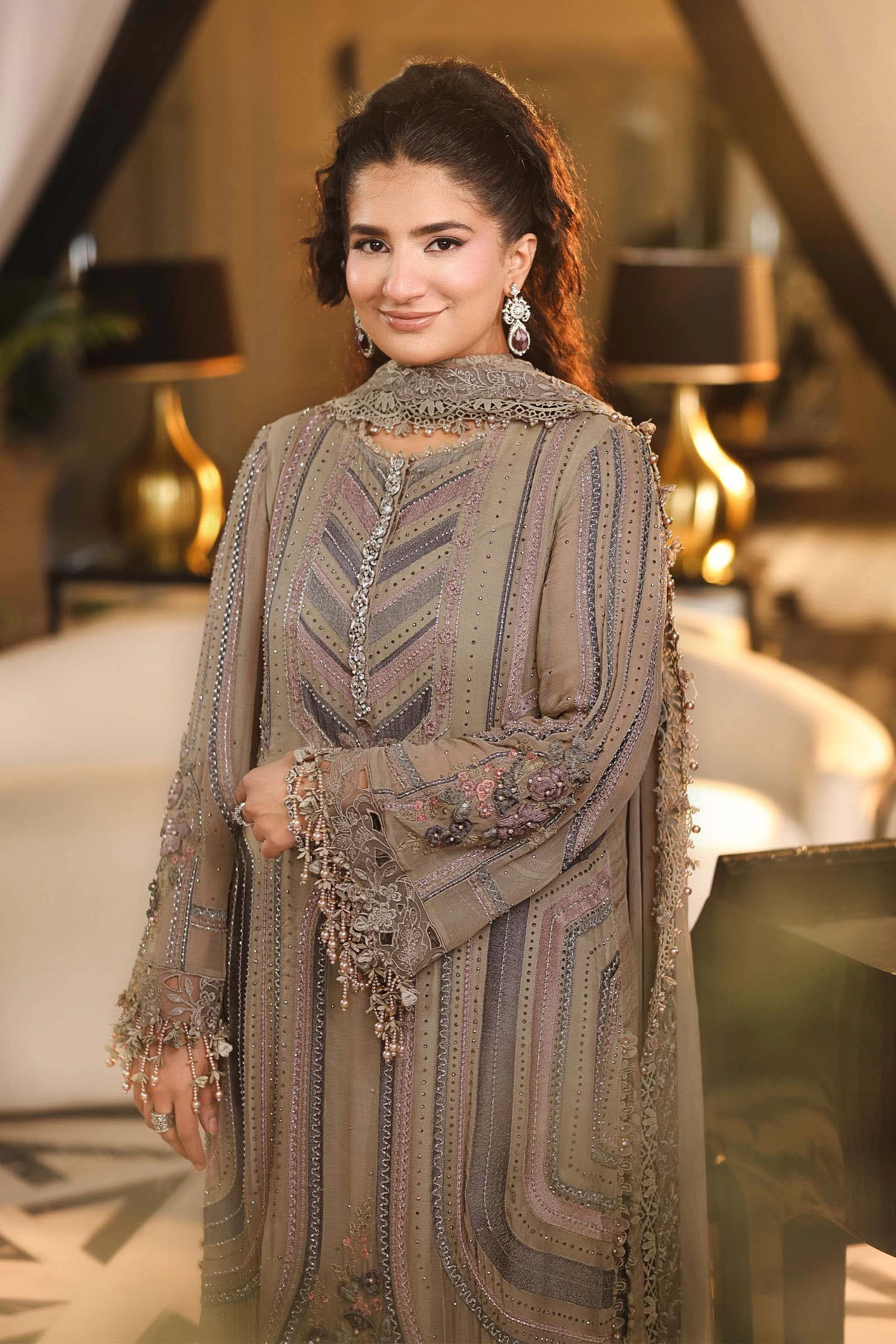 3 Piece Embroidered Chiffon Suit - MPC-26-201-Antique Grey