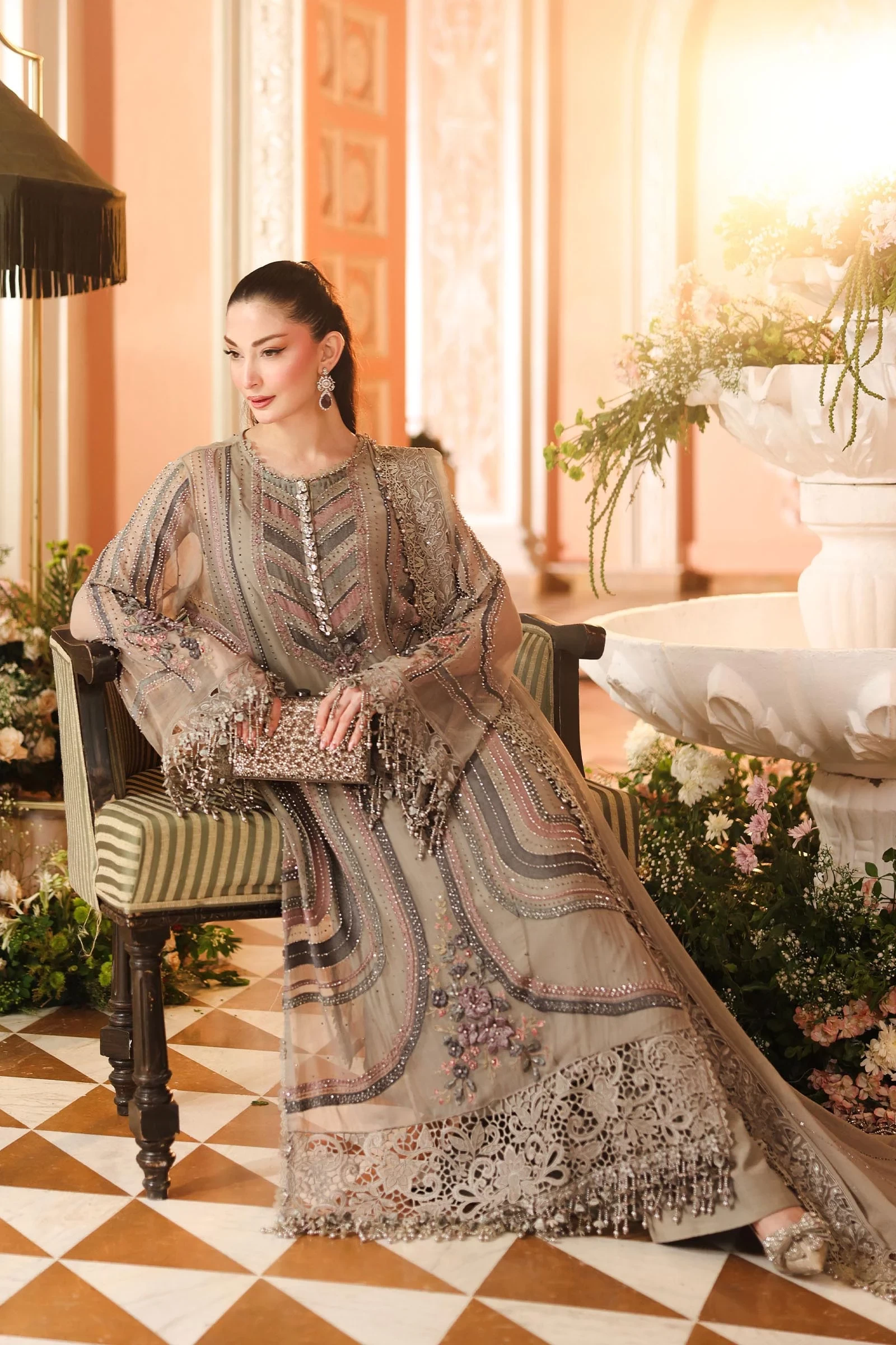 3 Piece Embroidered Chiffon Suit - MPC-26-201-Antique Grey