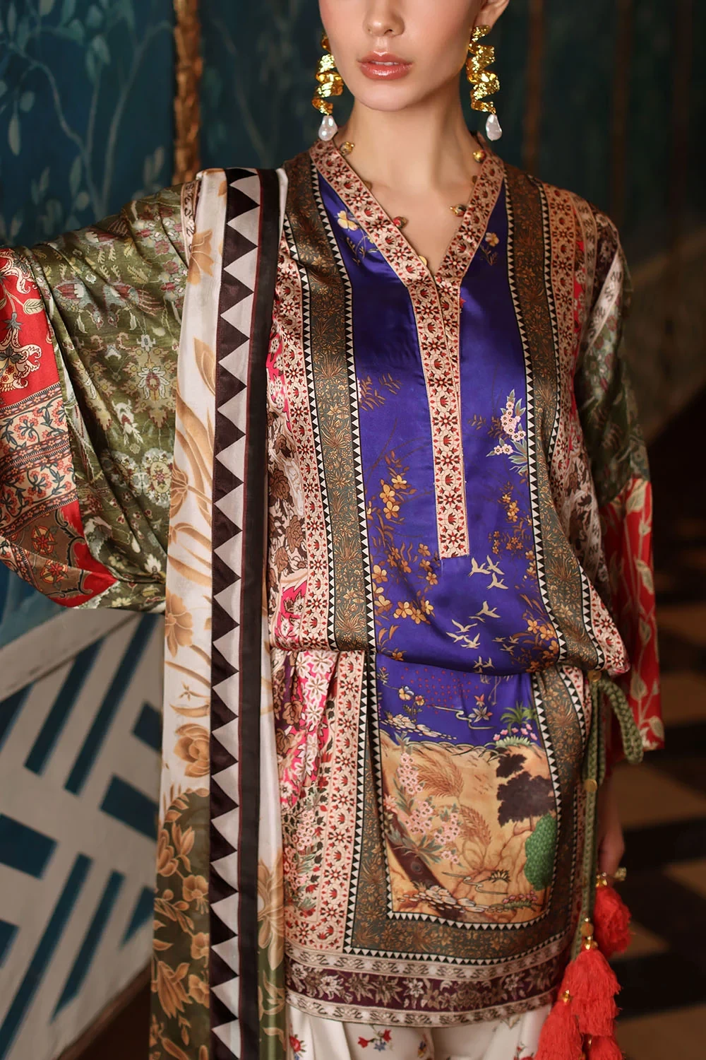 3 Piece Printed Charmeuse Silk Suit with Printed Tissue Silk Dupatta - W-FB-SLK-
