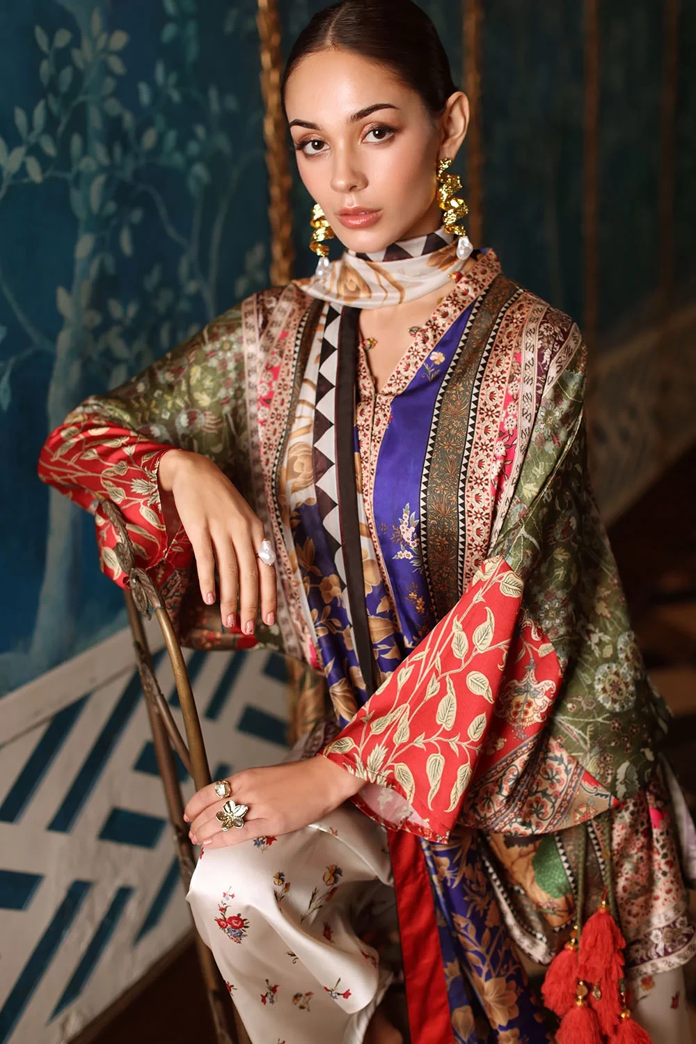 3 Piece Printed Charmeuse Silk Suit with Printed Tissue Silk Dupatta - W-FB-SLK-