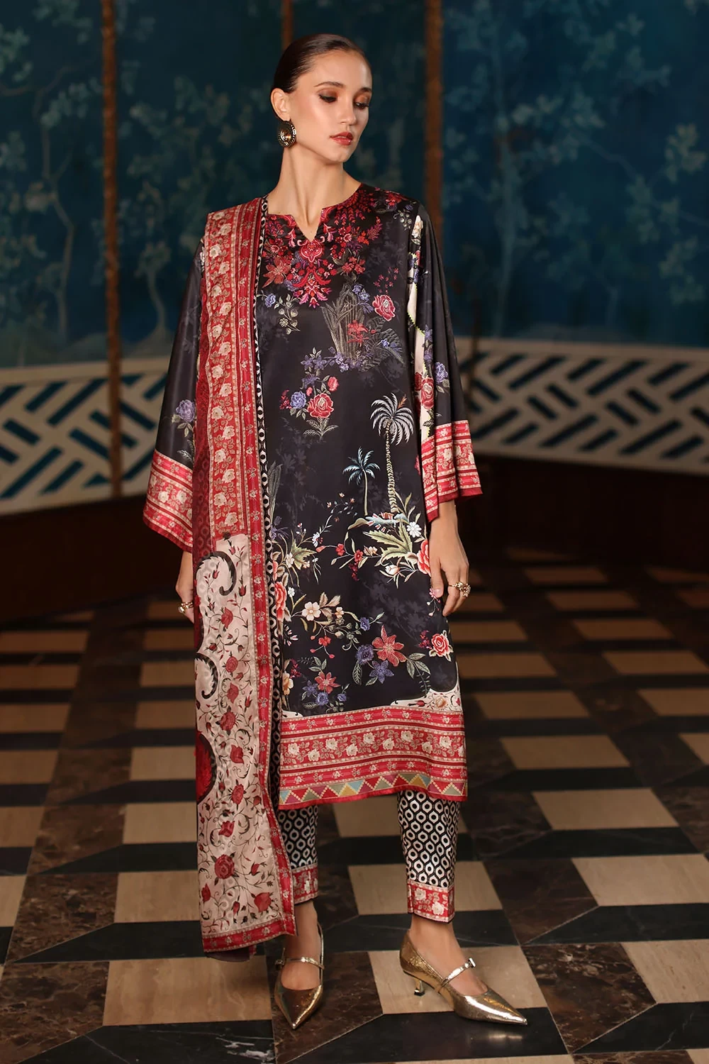 3 Piece Printed Charmeuse Silk Suit with Printed Tissue Silk Dupatta - W-FB-SLK-