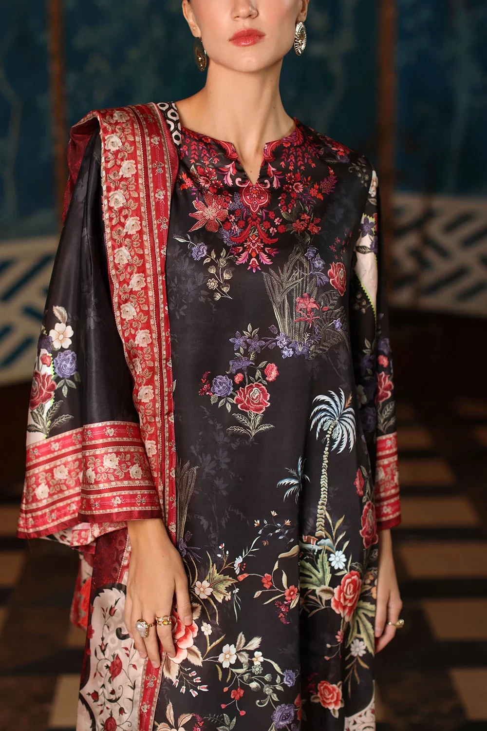 3 Piece Printed Charmeuse Silk Suit with Printed Tissue Silk Dupatta - W-FB-SLK-