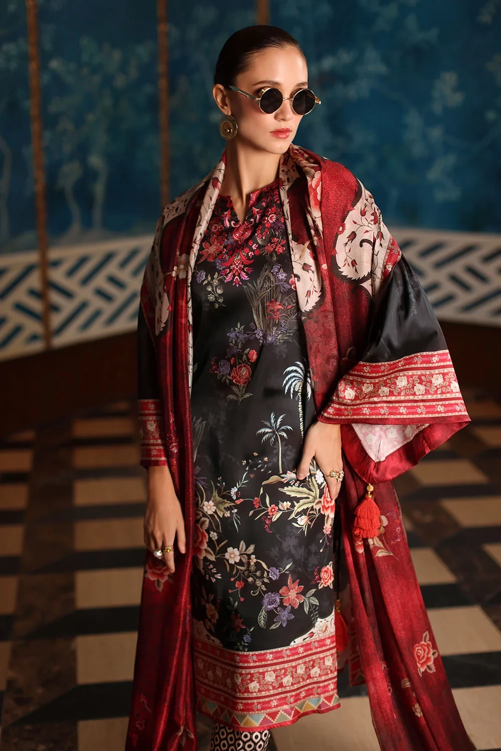 3 Piece Printed Charmeuse Silk Suit with Printed Tissue Silk Dupatta - W-FB-SLK-