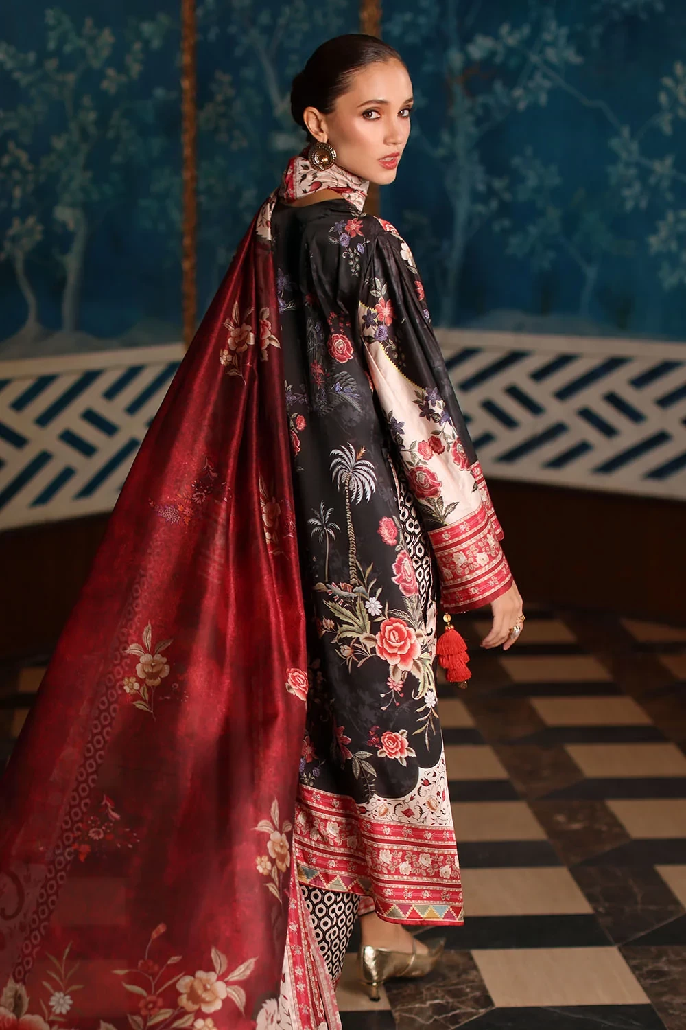 3 Piece Printed Charmeuse Silk Suit with Printed Tissue Silk Dupatta - W-FB-SLK-