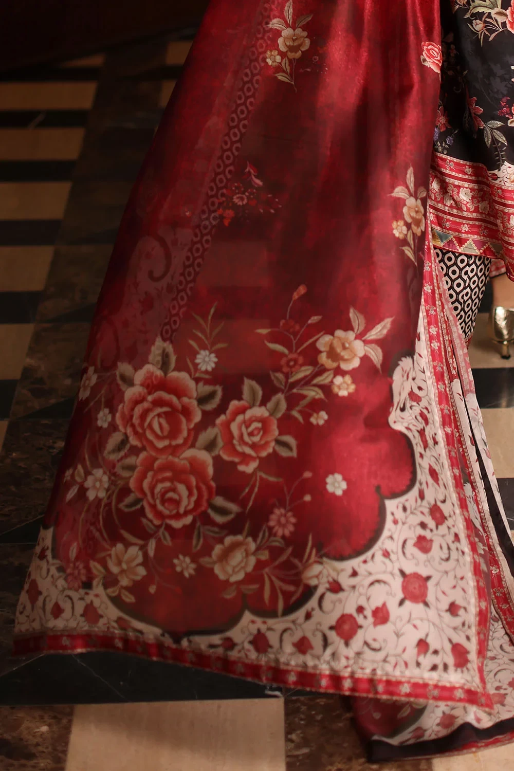 3 Piece Printed Charmeuse Silk Suit with Printed Tissue Silk Dupatta - W-FB-SLK-