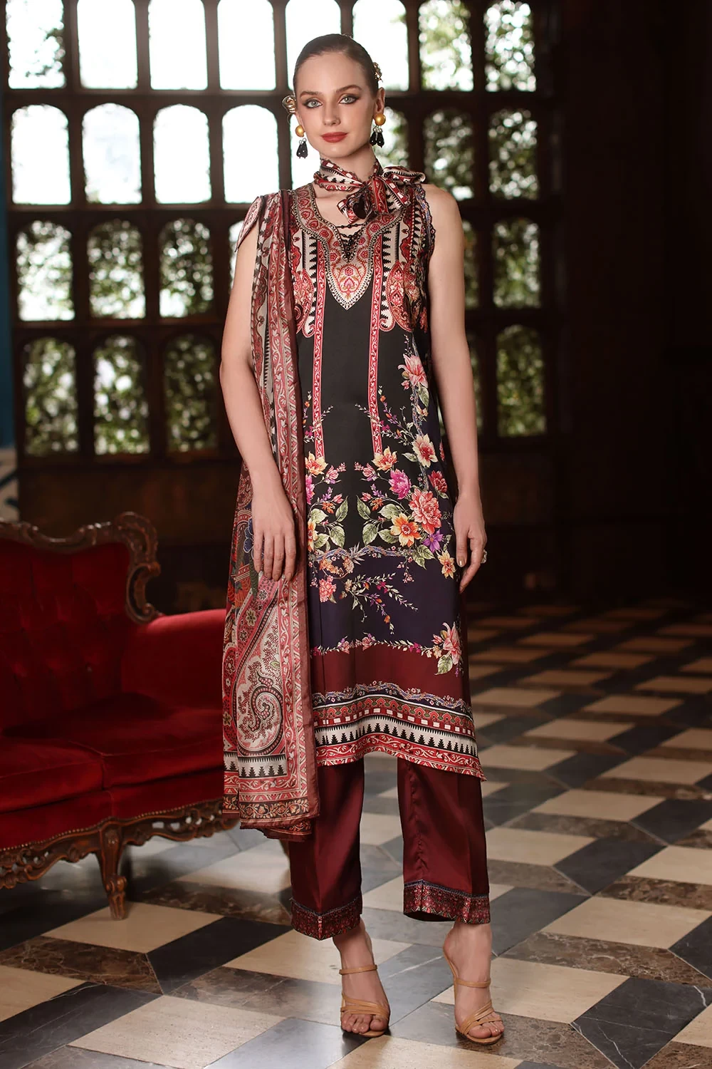 3 Piece Printed Charmeuse Silk Suit with Printed Tissue Silk Dupatta - W-FB-SLK-