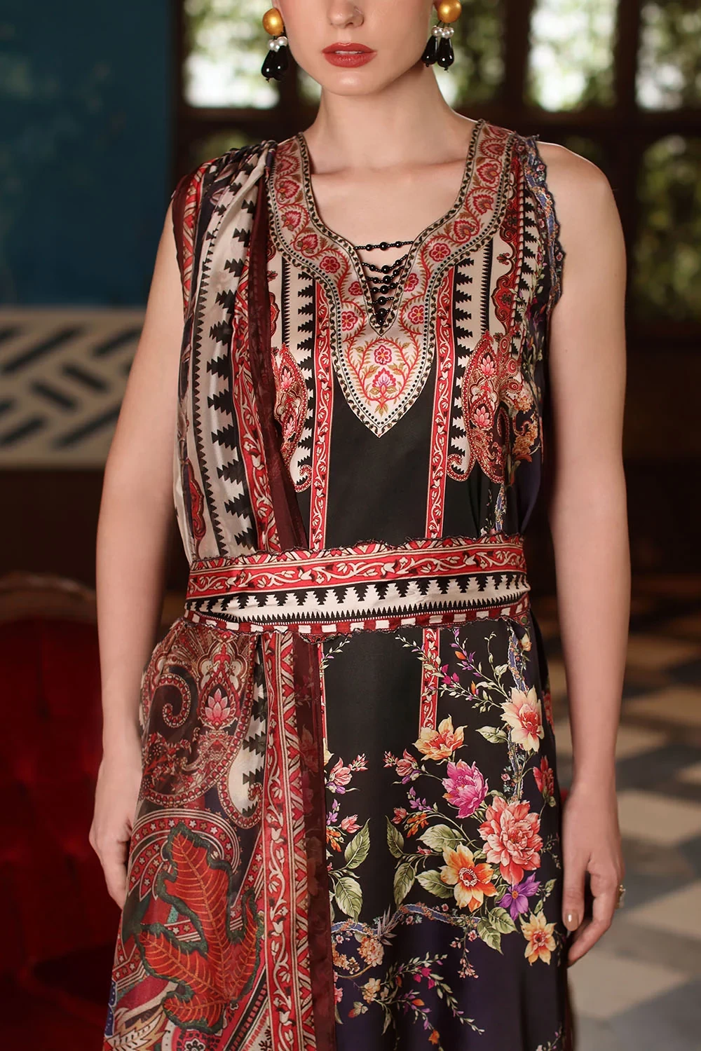 3 Piece Printed Charmeuse Silk Suit with Printed Tissue Silk Dupatta - W-FB-SLK-