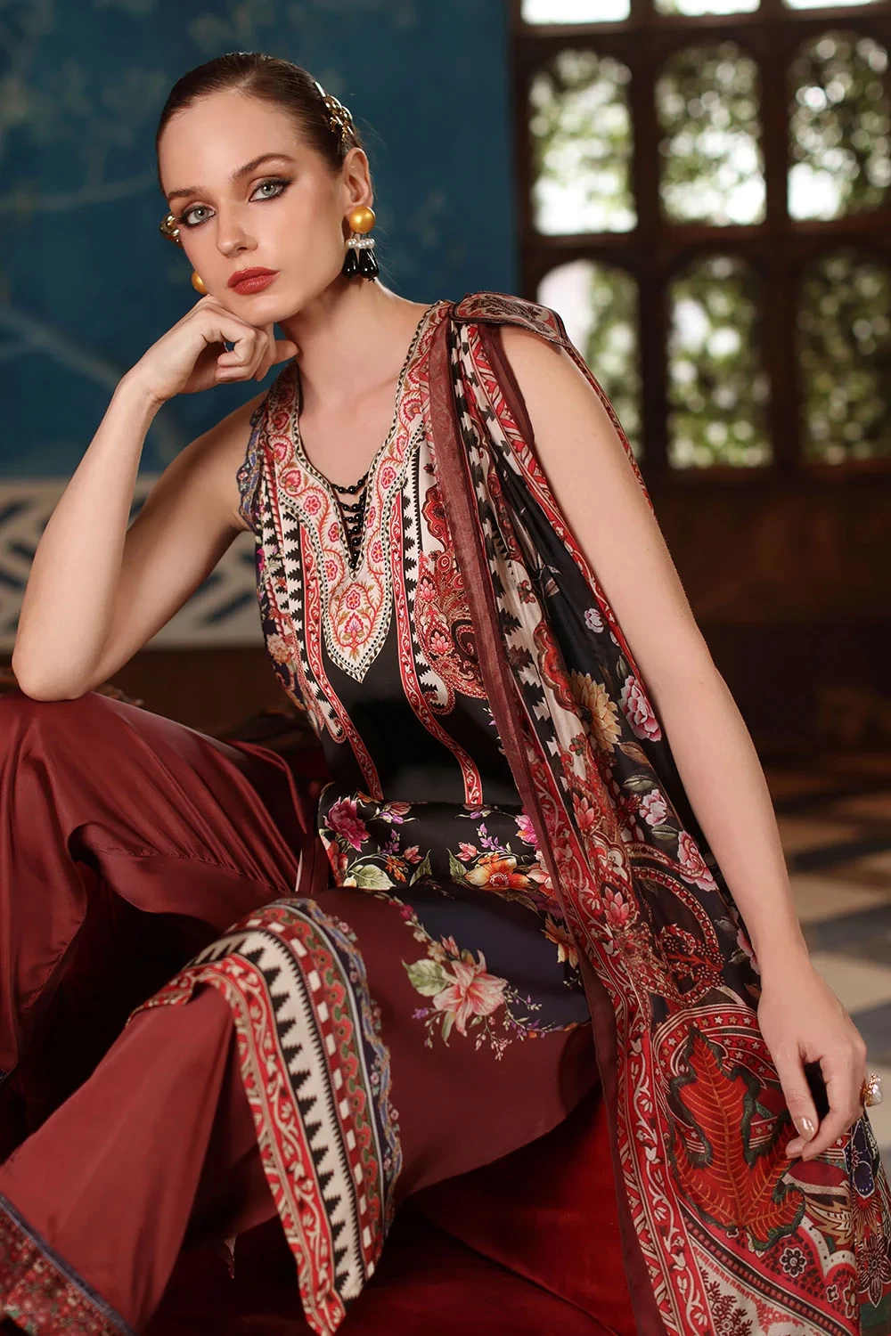 3 Piece Printed Charmeuse Silk Suit with Printed Tissue Silk Dupatta - W-FB-SLK-