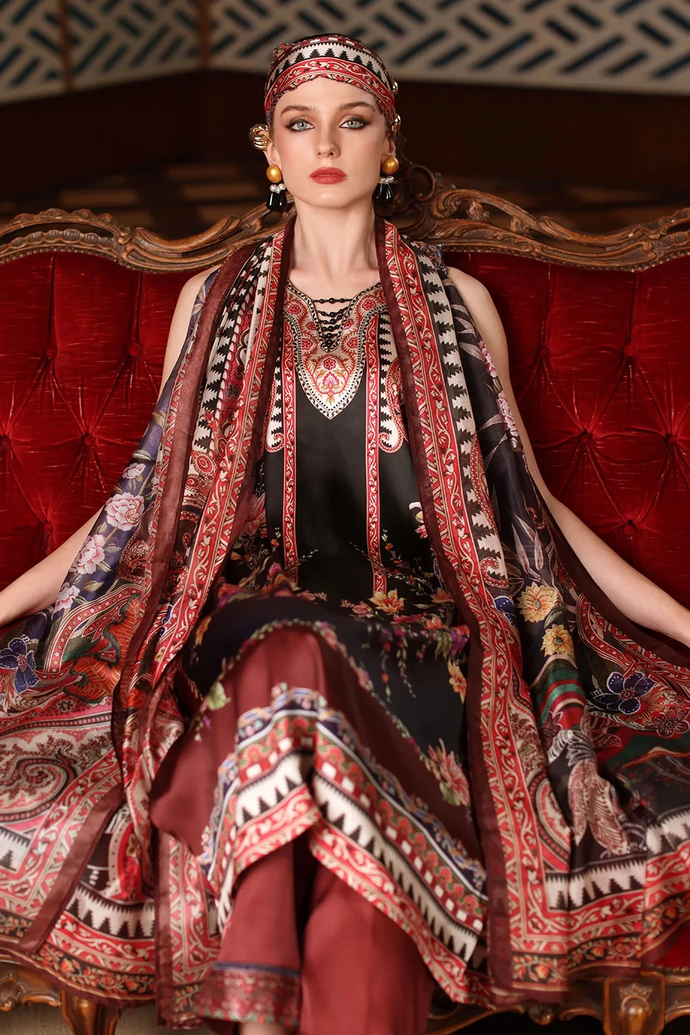 3 Piece Printed Charmeuse Silk Suit with Printed Tissue Silk Dupatta - W-FB-SLK-