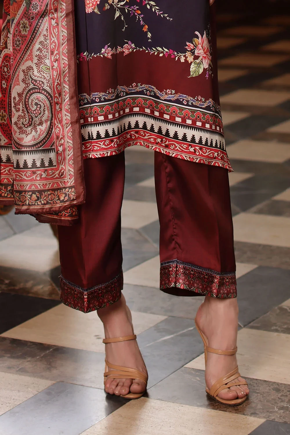3 Piece Printed Charmeuse Silk Suit with Printed Tissue Silk Dupatta - W-FB-SLK-
