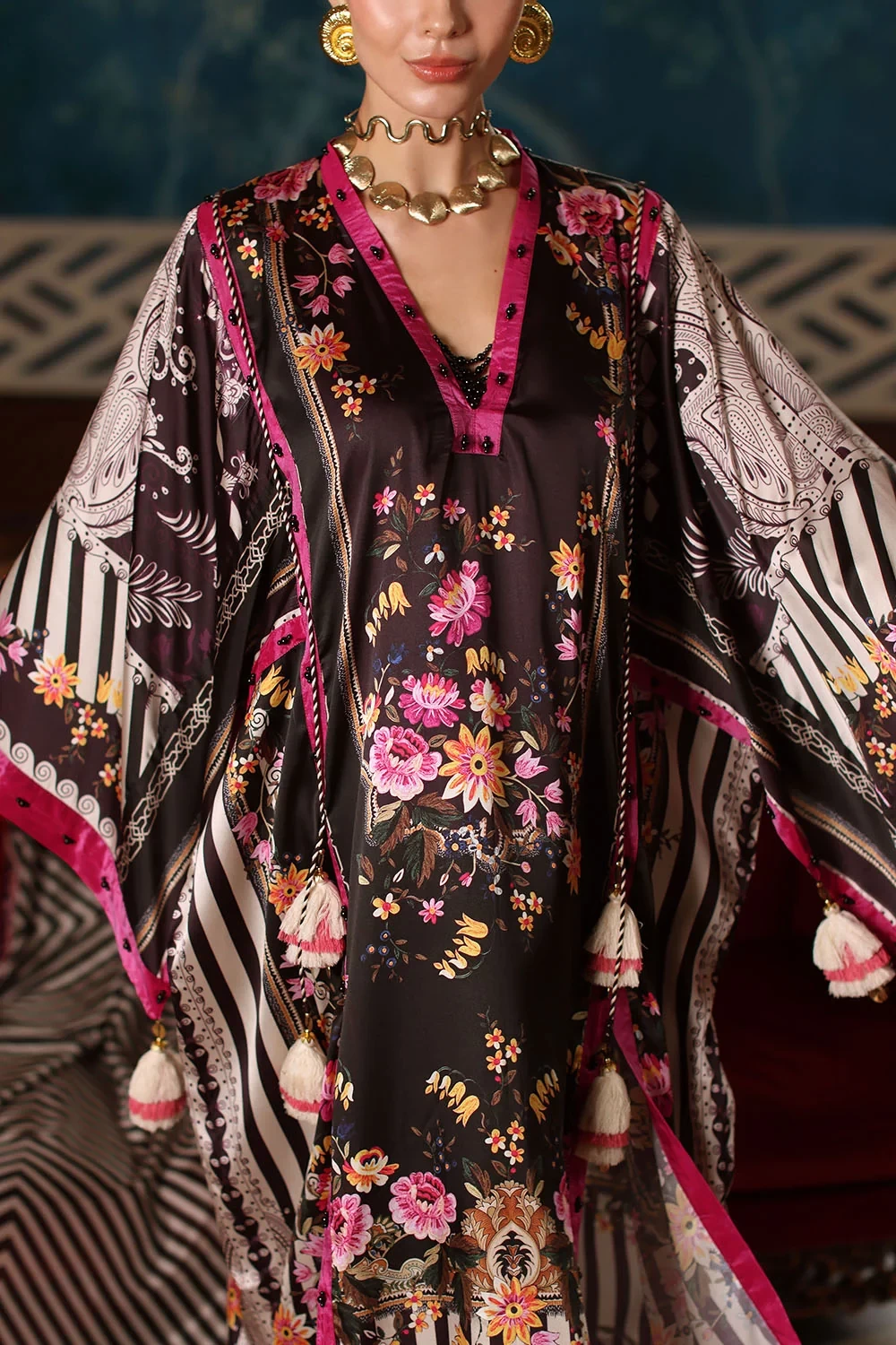 3 Piece Printed Charmeuse Silk Suit with Printed Tissue Silk Dupatta - W-FB-SLK-