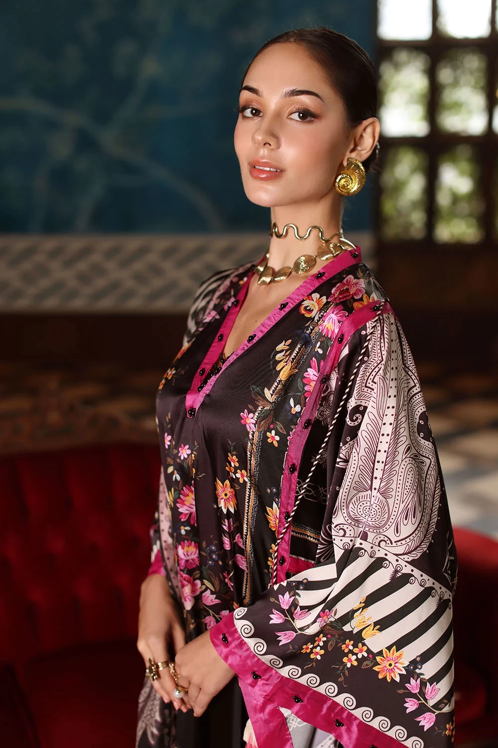 3 Piece Printed Charmeuse Silk Suit with Printed Tissue Silk Dupatta - W-FB-SLK-
