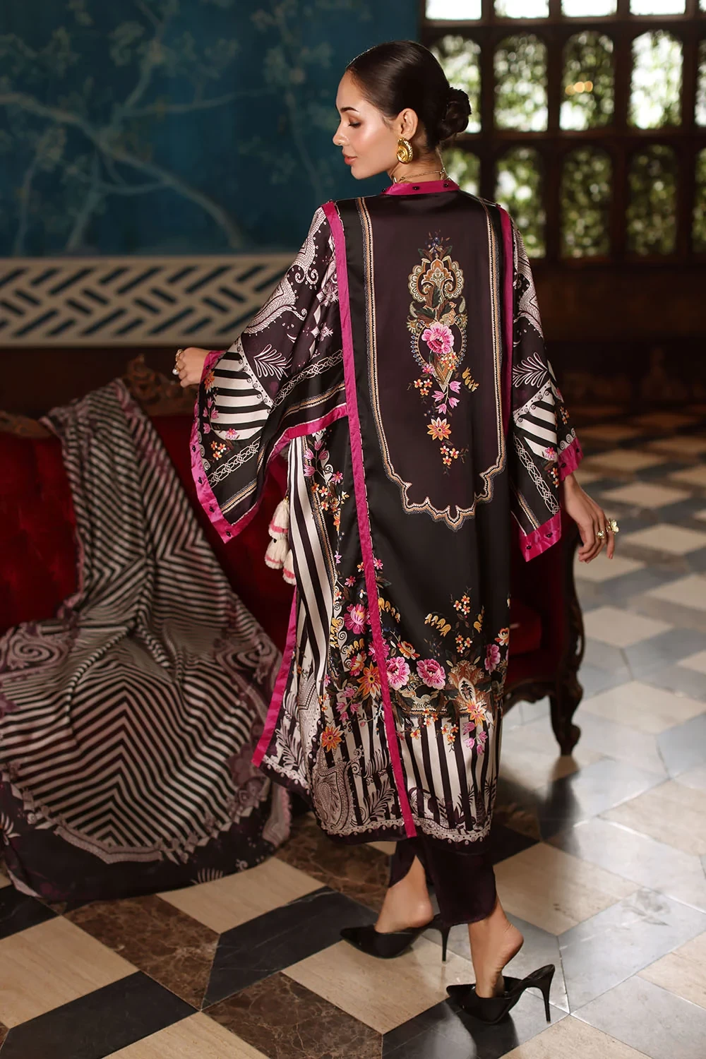 3 Piece Printed Charmeuse Silk Suit with Printed Tissue Silk Dupatta - W-FB-SLK-