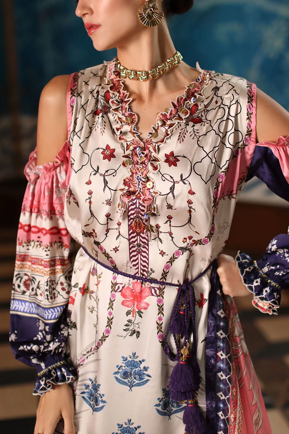 3 Piece Printed Charmeuse Silk Suit with Embroidered Organza Details and Printed