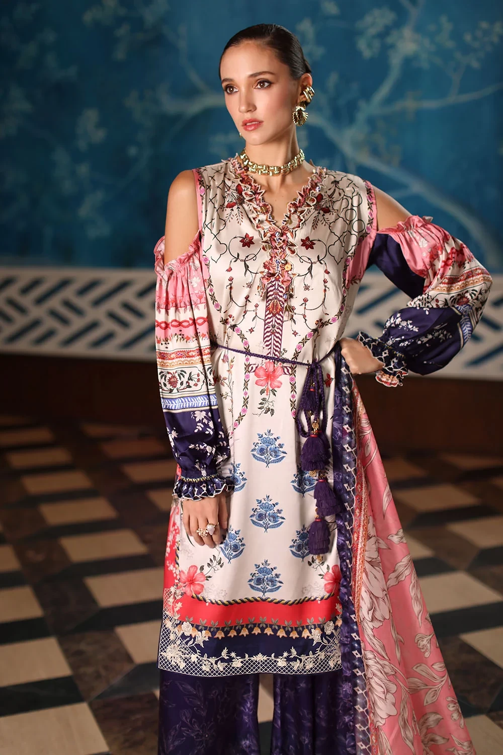 3 Piece Printed Charmeuse Silk Suit with Embroidered Organza Details and Printed