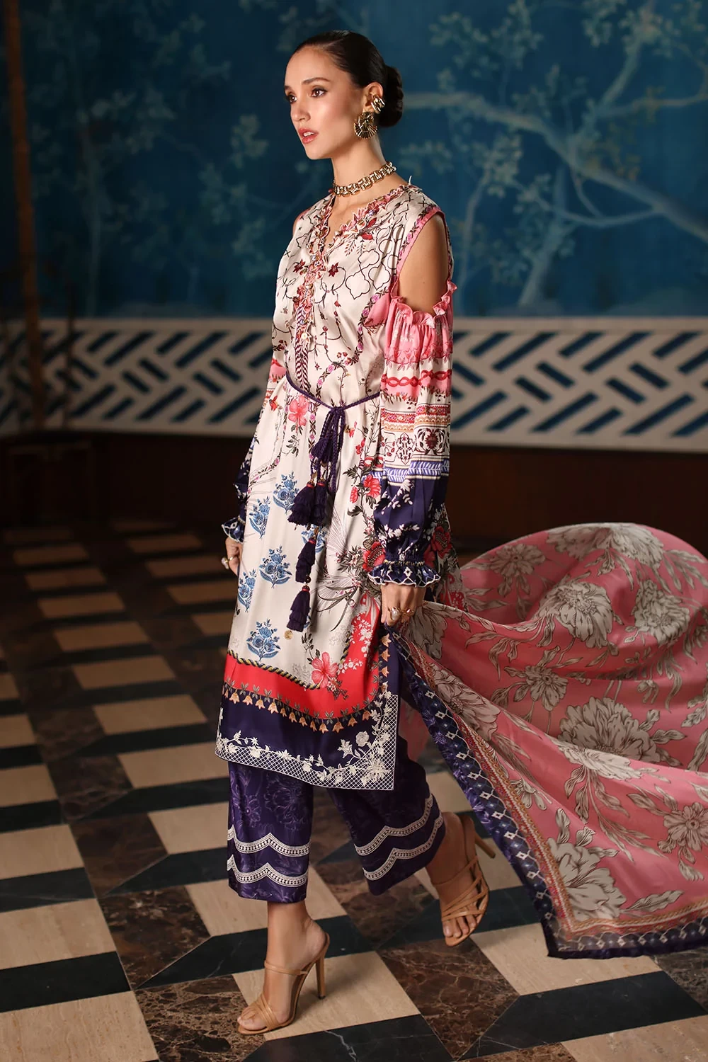 3 Piece Printed Charmeuse Silk Suit with Embroidered Organza Details and Printed